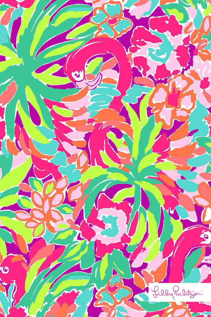 lilly 桌布 壁紙 — 充滿活力的熱帶壁紙，以粉紅色火烈鳥和螢光綠色棕櫚葉為特色，背景為洋紅色。