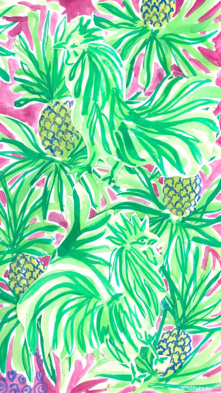 Lilly Pulitzer iPhone 桌布 壁紙 — 充滿活力的熱帶壁紙，以鮮豔的粉紅色背景襯托大膽的綠色鳳梨和葉子。