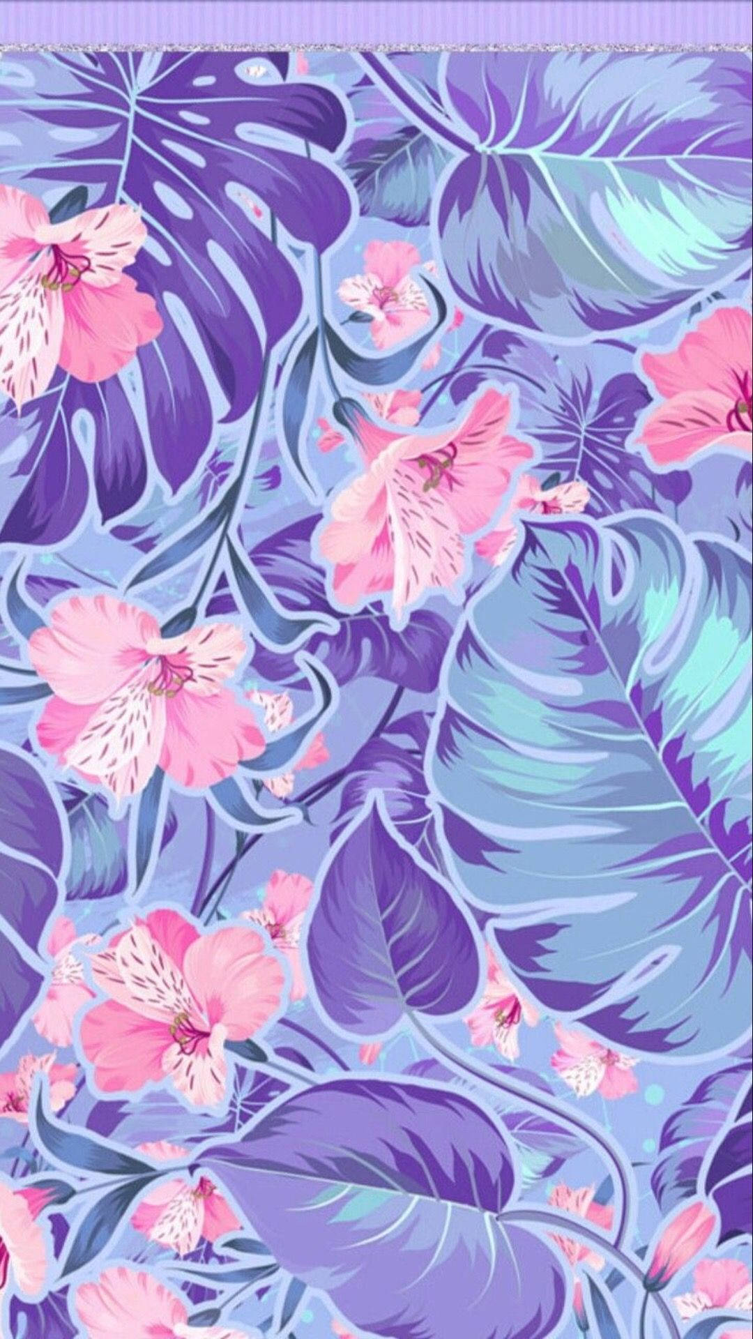 花 iPhone 桌布 壁紙 — 充滿活力的熱帶壁紙，帶有粉紅色花朵和紫色葉子，背景為藍色漸變。