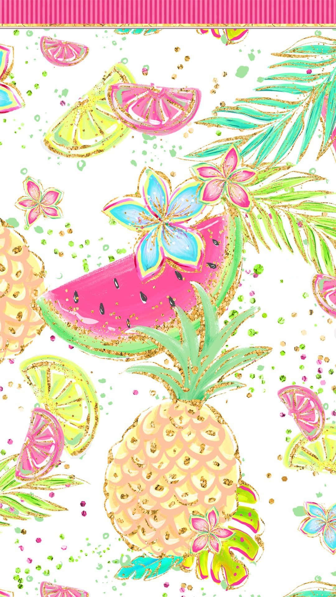 Summer iPhone 桌布 壁紙 — 充滿活力的熱帶壁紙，白色背景上帶有閃閃發光的鳳梨、西瓜片和棕櫚葉。