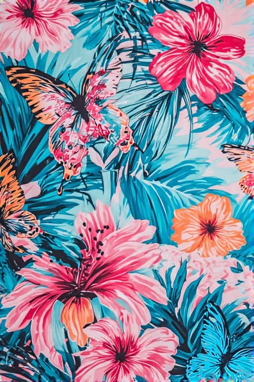 Maximalist Butterfly & Tropical Flower 壁紙 — 充滿活力的熱帶壁紙，粉橙色木槿花和橙色蝴蝶在藍綠色棕櫚葉上。