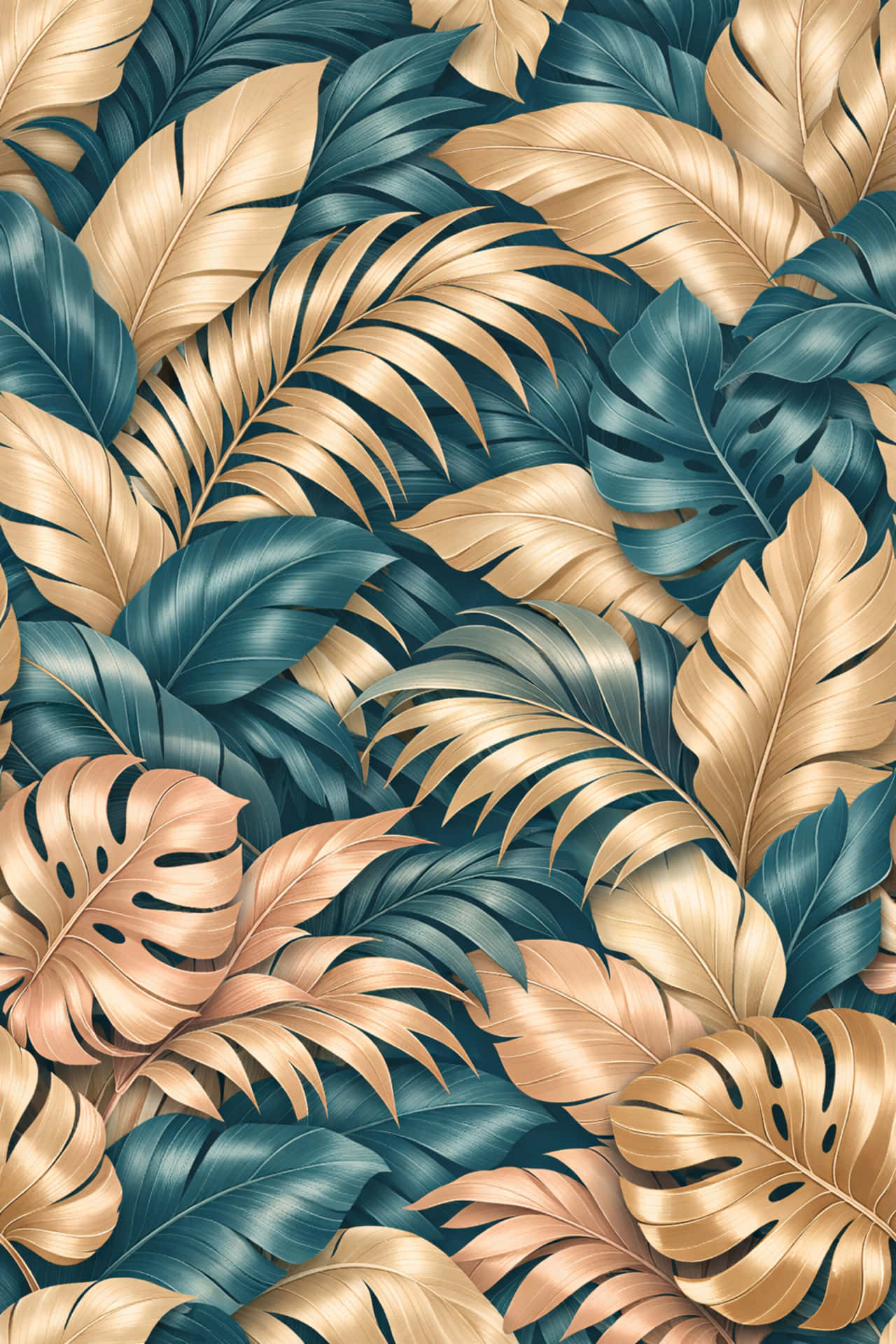 Intertwined foliage in shades of teal and champagne. 壁紙 — 充滿活力的熱帶壁紙，金色和藍綠色的龜背竹和棕櫚葉重疊，帶有光澤。