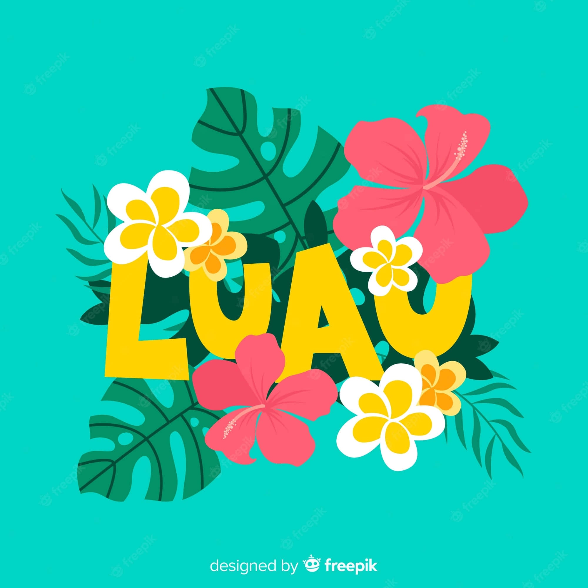 Luau 桌布 壁紙 — 充滿活力的熱帶夏威夷派對字母，周圍環繞著粉紅色木槿花和雞蛋花，搭配龜背竹葉，背景為青綠色。