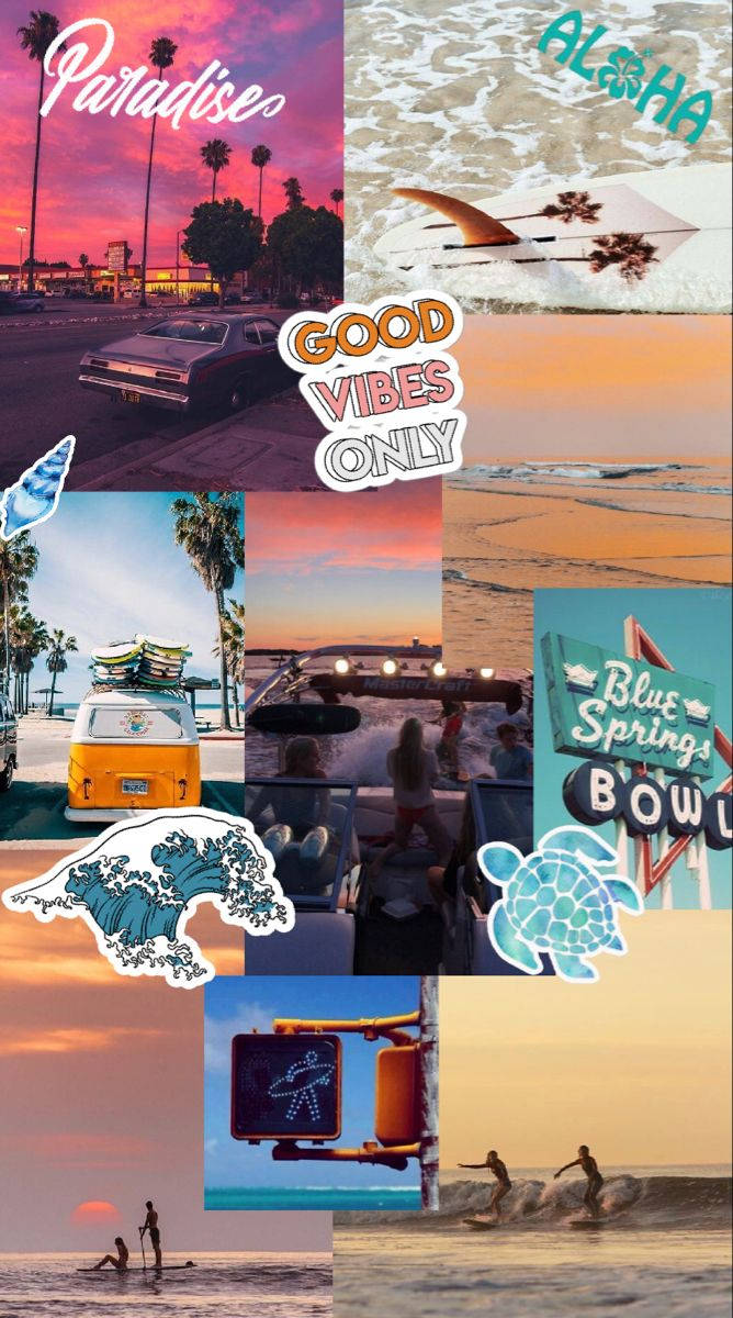 Good Vibes Only 桌布 壁紙 — 充滿活力的熱帶拼貼畫，以棕櫚樹、復古汽車、海浪和衝浪文化為特色，背景是夕陽天空。