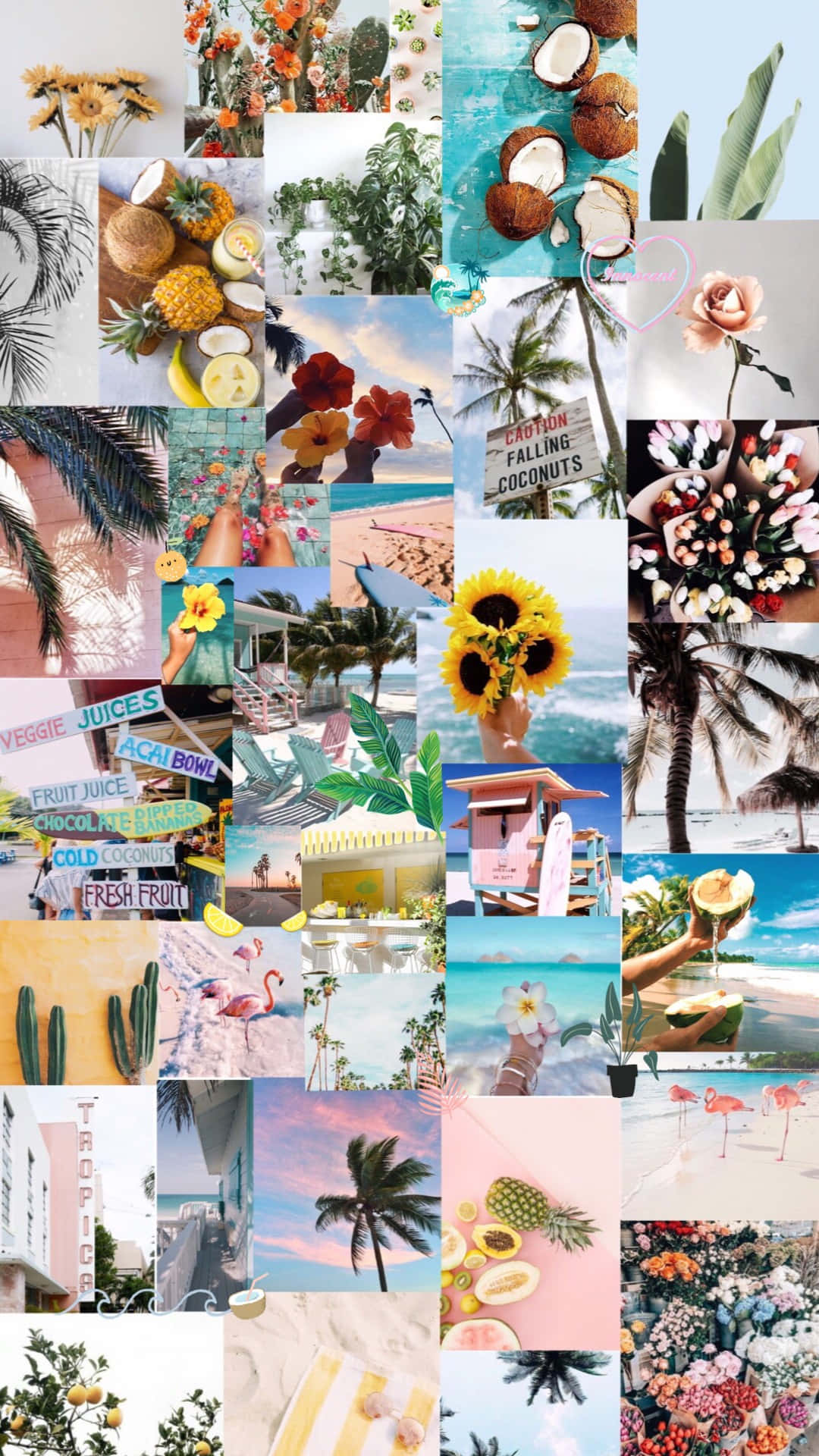 Trendy Summer iPhone 桌布 壁紙 — 充滿活力的熱帶拼貼畫，以溫暖的粉彩調呈現棕櫚樹、椰子、向日葵、火烈鳥和海灘場景。