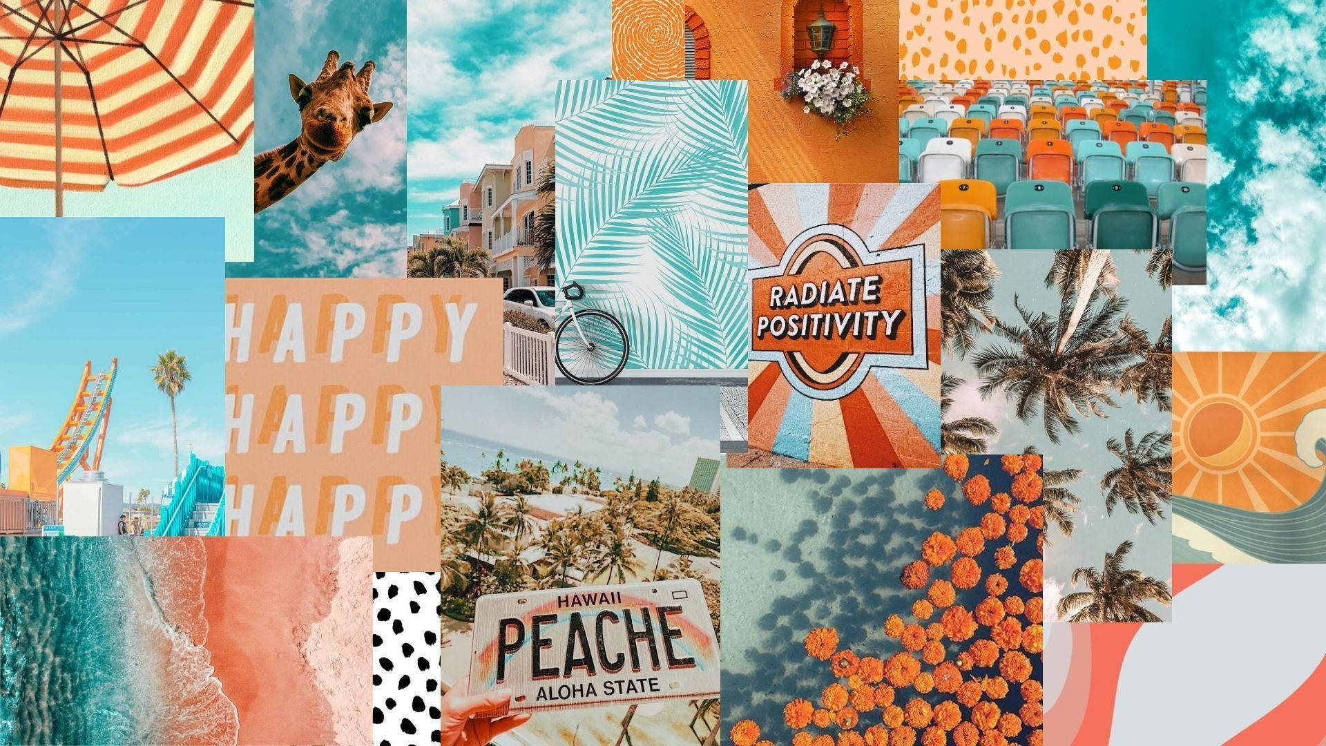 Summer Vibes 桌布 壁紙 — 充滿活力的熱帶拼貼畫，以鮮明的橙色、藍綠色和珊瑚色調呈現棕櫚樹、長頸鹿、沙灘椅和太陽圖案。