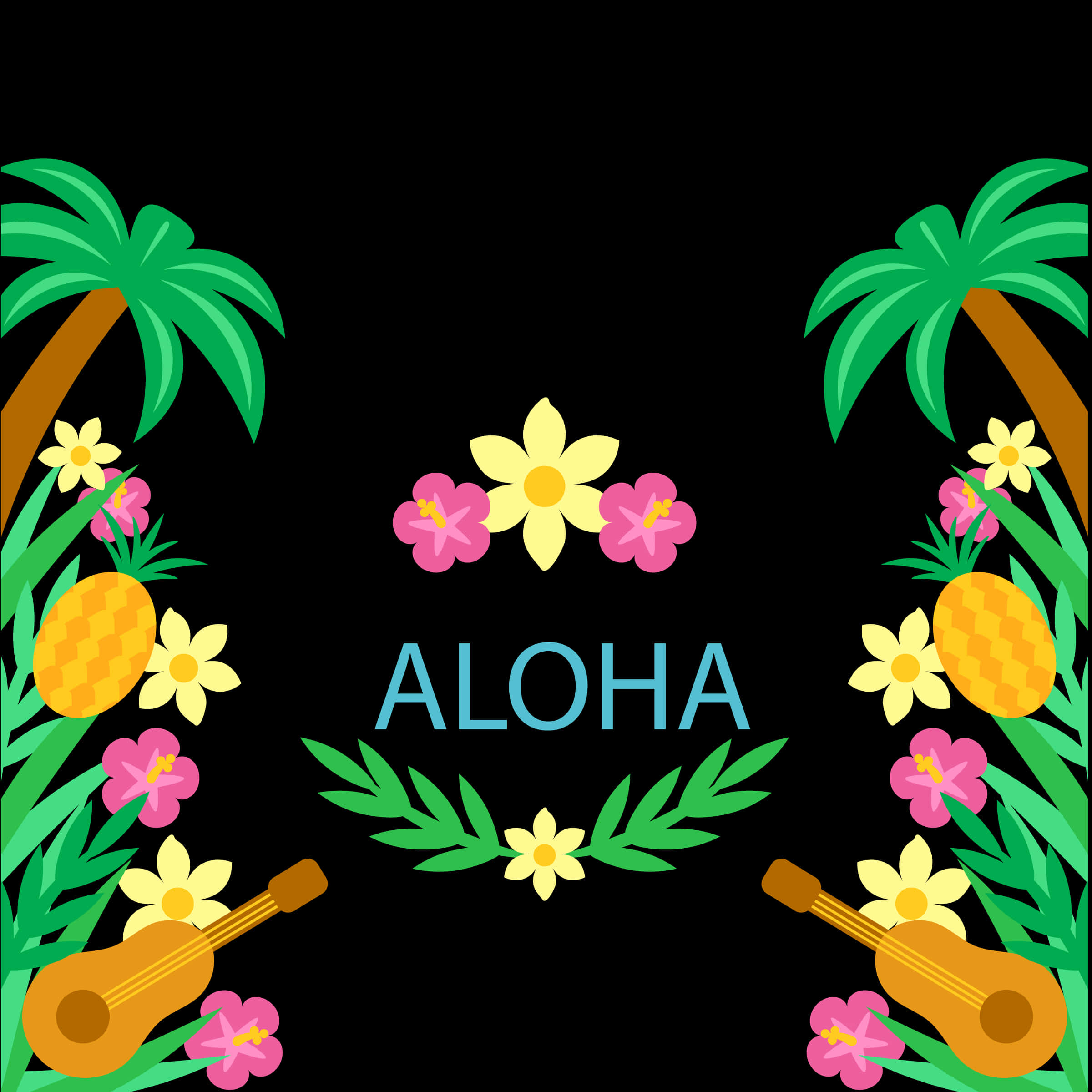 Luau 桌布 壁紙 — 充滿活力的熱帶插圖，以棕櫚樹、鳳梨、花朵和烏克麗麗圍繞著「aloha」一詞，背景為黑色。