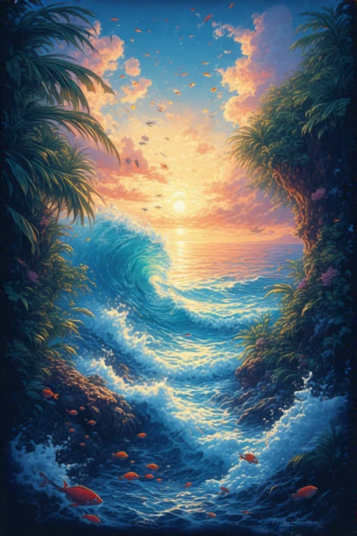 Stunning Sea Anime Realism Precisionist Art 壁紙 — 充滿活力的熱帶日落，巨大的碧綠海浪在茂密的棕櫚樹懸崖之間衝擊，魚兒在下方游動。