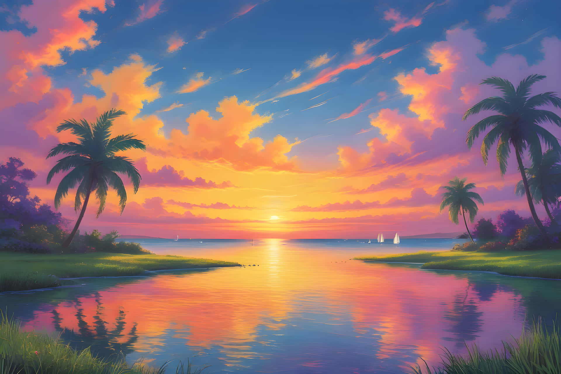 Natural view art picture 壁紙 — 充滿活力的熱帶日落，棕櫚樹環繞著平靜的河流，倒映著火紅的橙色、粉紅色和紫色的雲彩。
