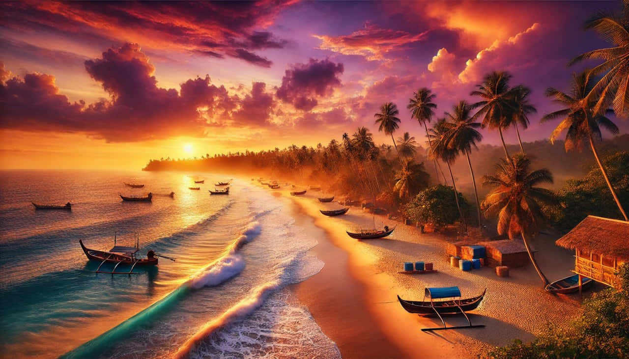 Beautiful Sunset in Nga Pa Li, Myanmar 壁紙 — 充滿活力的熱帶日落將天空染成火熱的橙色和紫色，海浪拍打著棕櫚樹和傳統船隻點綴的沙灘。