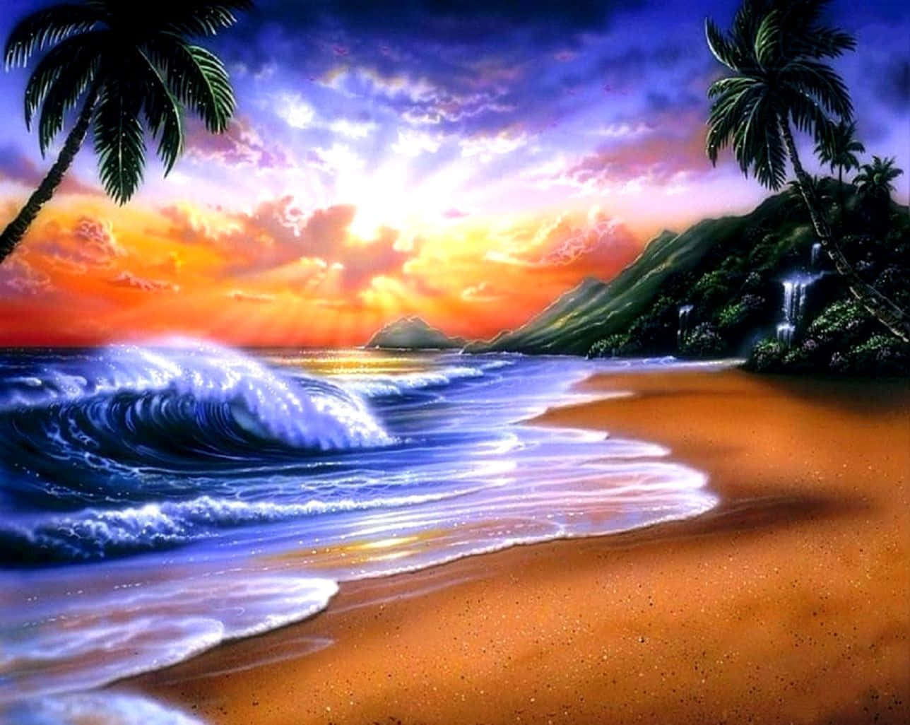 Beach Art 桌布 壁紙 — 充滿活力的熱帶日落將天空染成火熱的橙色和紫色，海浪拍打著金色沙灘，沙灘兩旁有棕櫚樹和遠處的瀑布。