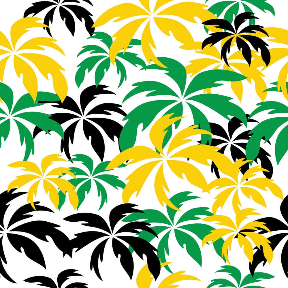 Jamaica 桌布 壁紙 — 充滿活力的熱帶棕櫚葉以大膽的綠色、黃色和黑色剪影在潔白的背景上重複出現。