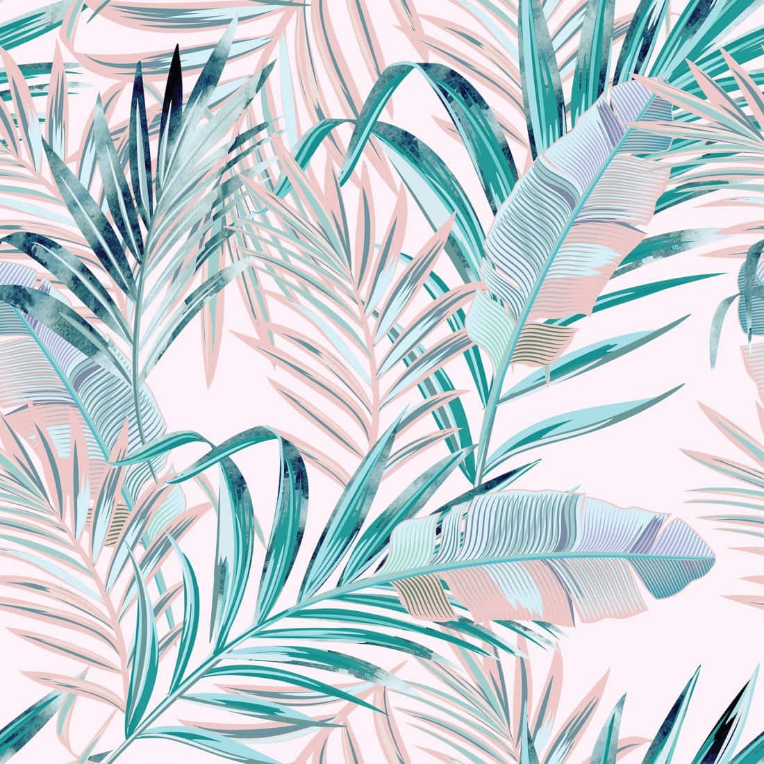 Palm Leaves 桌布 壁紙 — 充滿活力的熱帶棕櫚葉以青綠色和淡粉紅色水彩渲染重疊在柔和的粉彩背景上。
