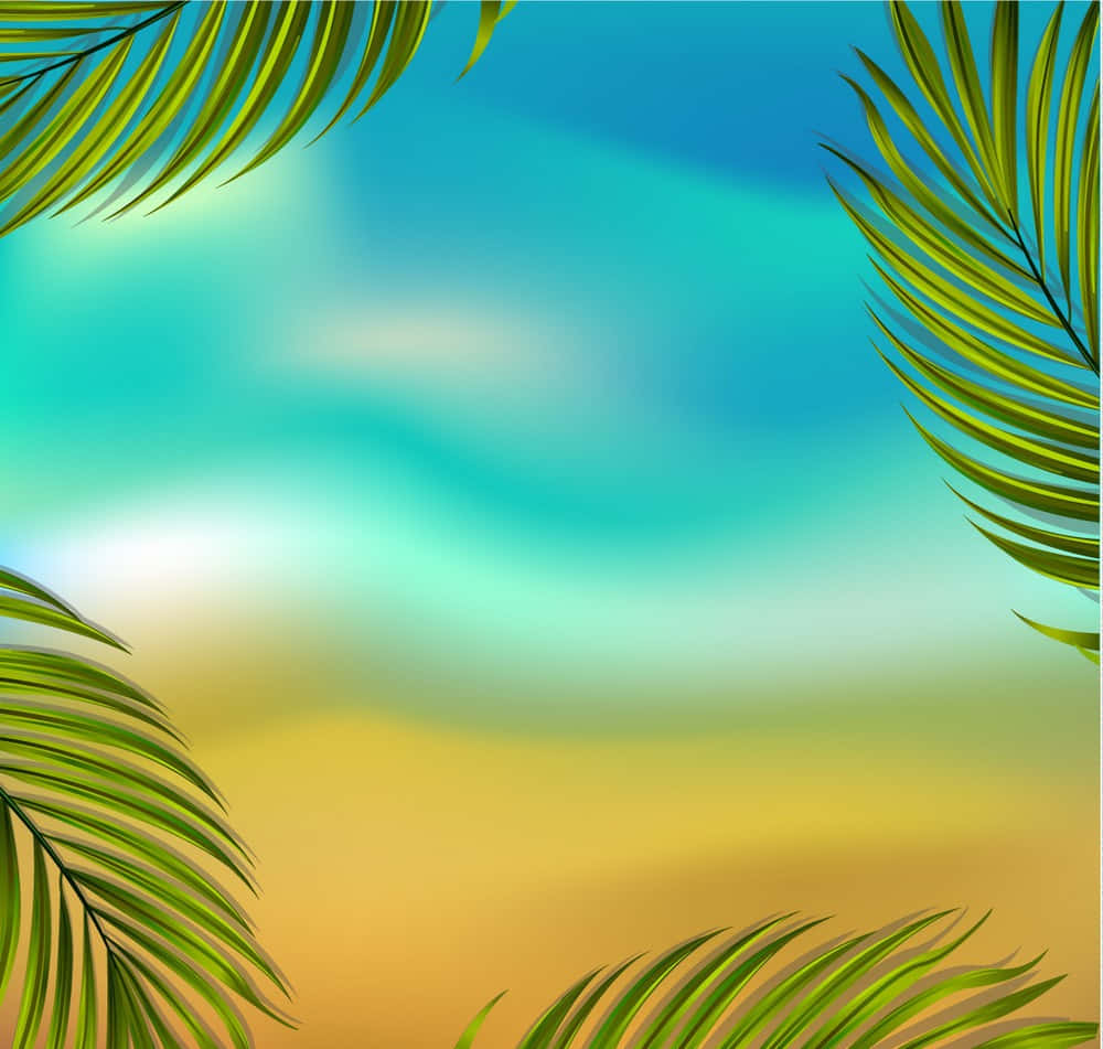 Summer Beach 桌布 壁紙 — 充滿活力的熱帶棕櫚葉框住柔和漸變的天空和沙灘，呈現寧靜的夏日場景。