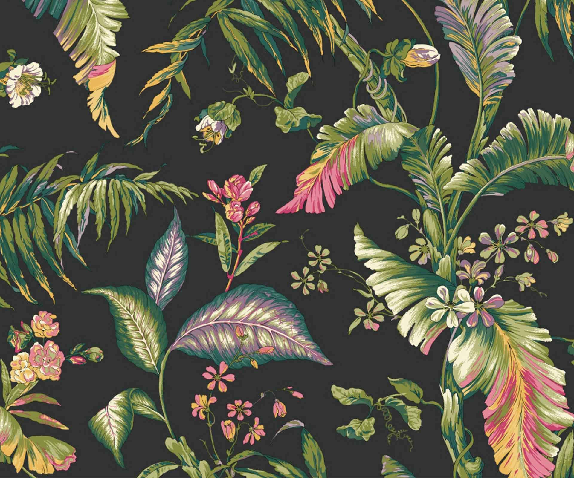 Tropical Aesthetic 桌布 壁紙 — 充滿活力的熱帶植物和花朵，以鮮豔的綠色、粉紅色和黃色在深炭灰色背景上綻放。