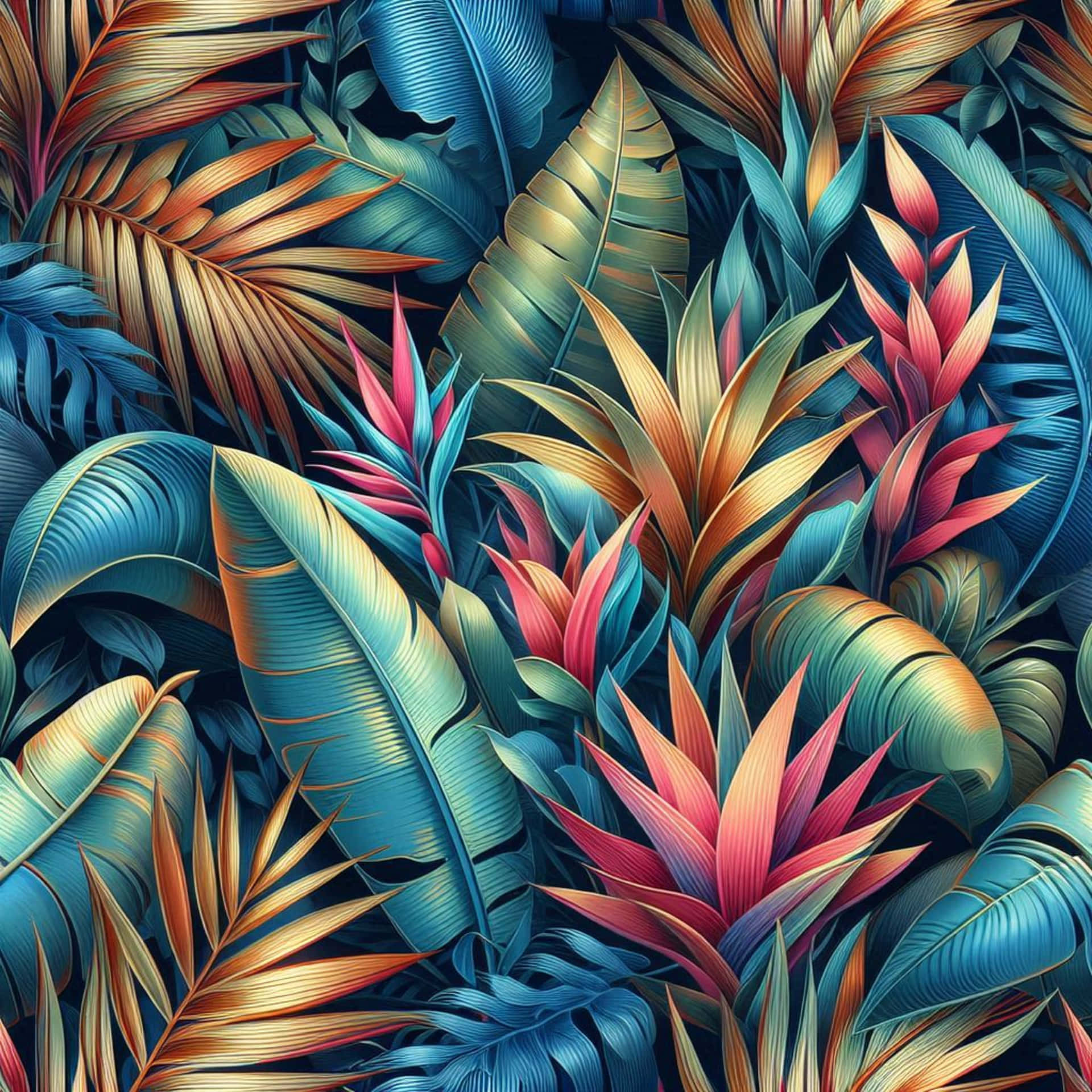 Abstract pattern with plants and leaves 壁紙 — 充滿活力的熱帶樹葉，帶有虹彩藍綠色和火熱的橙粉紅色葉子，形成茂密的叢林圖案。