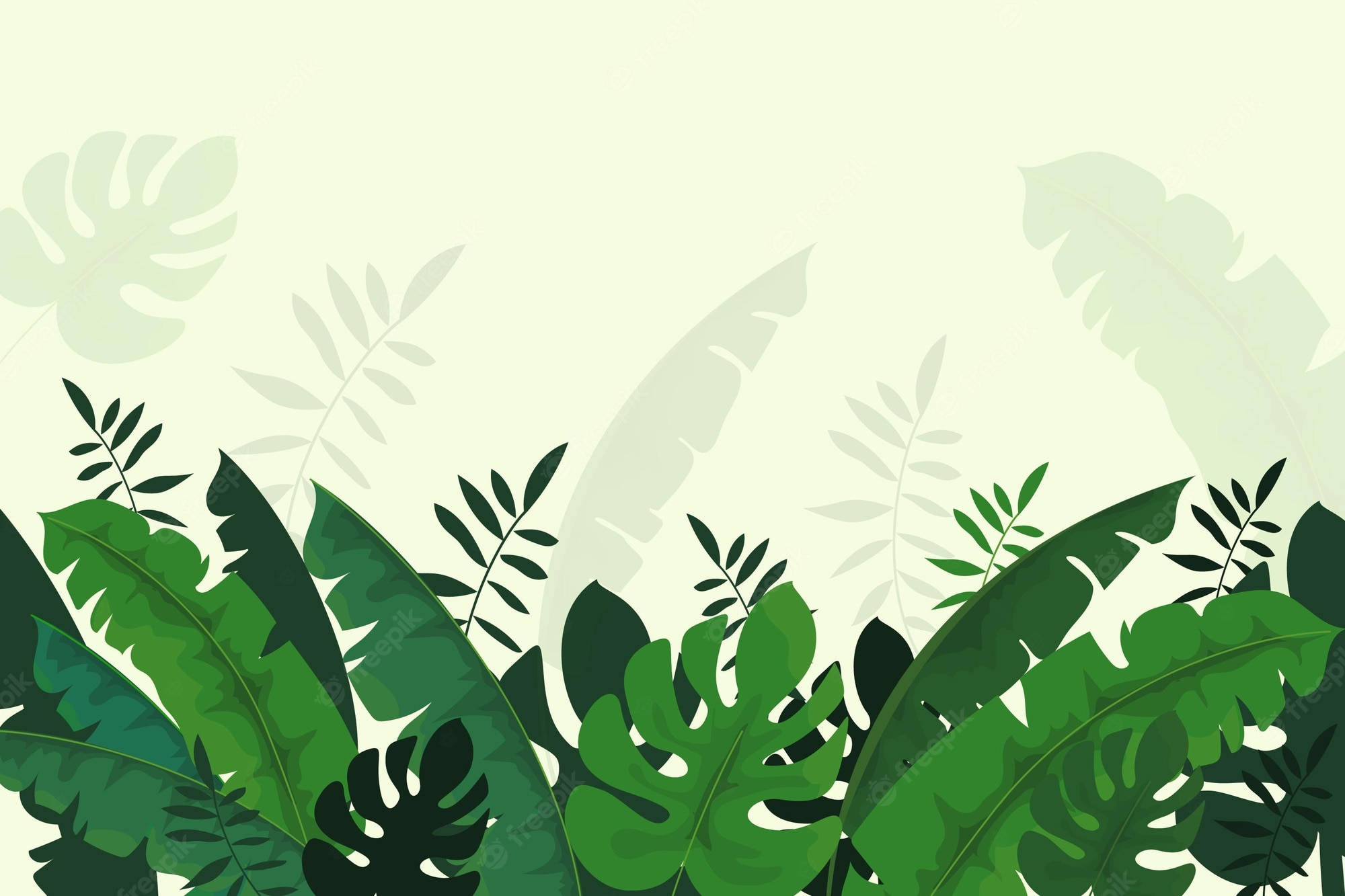 Green Leaves 桌布 壁紙 — 充滿活力的熱帶樹葉以不同深淺的綠色框住底部，背景為柔和的奶油色，帶有微妙的葉子剪影。