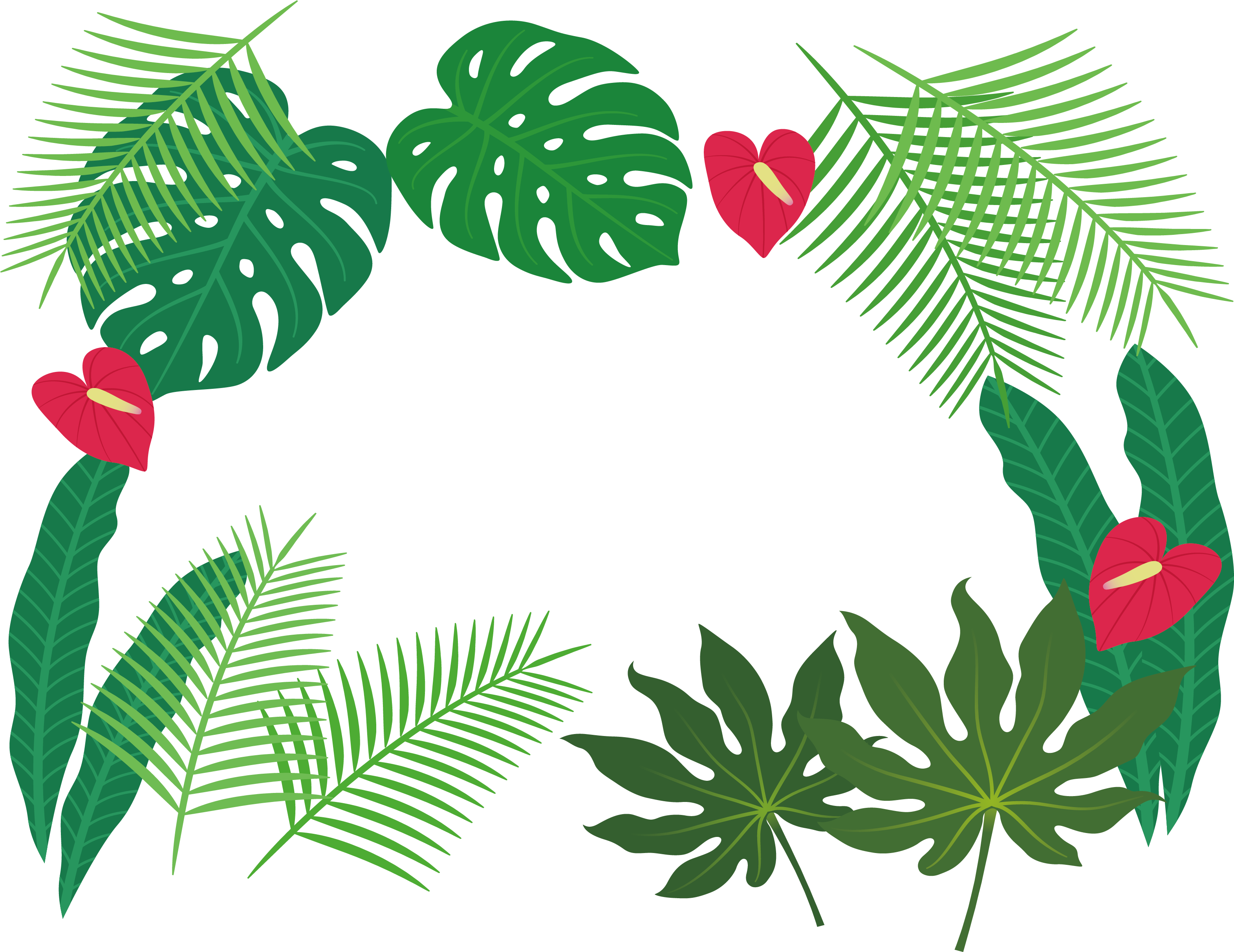 Leaf Border 桌布 壁紙 — 充滿活力的熱帶樹葉和紅色火鶴花在潔淨的白色背景上形成茂密的綠色圓形邊框。
