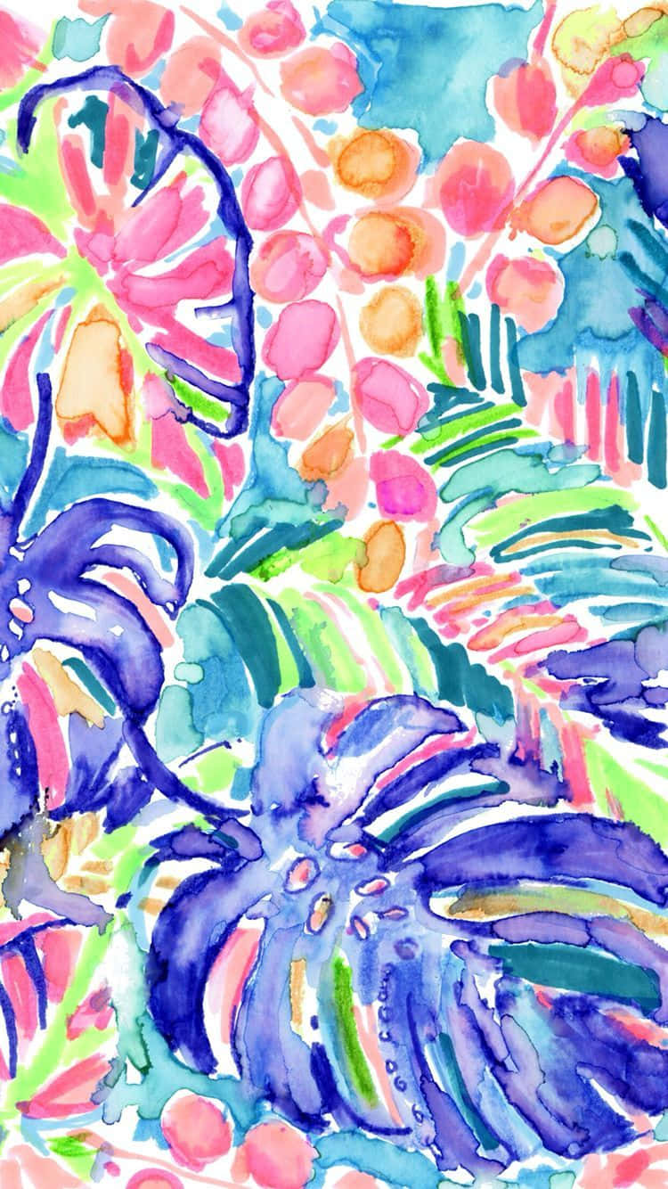 Lilly Pulitzer iPhone 桌布 壁紙 — 充滿活力的熱帶樹葉和花朵水彩畫，採用大膽的粉紅色、藍色、綠色和橙色色調。