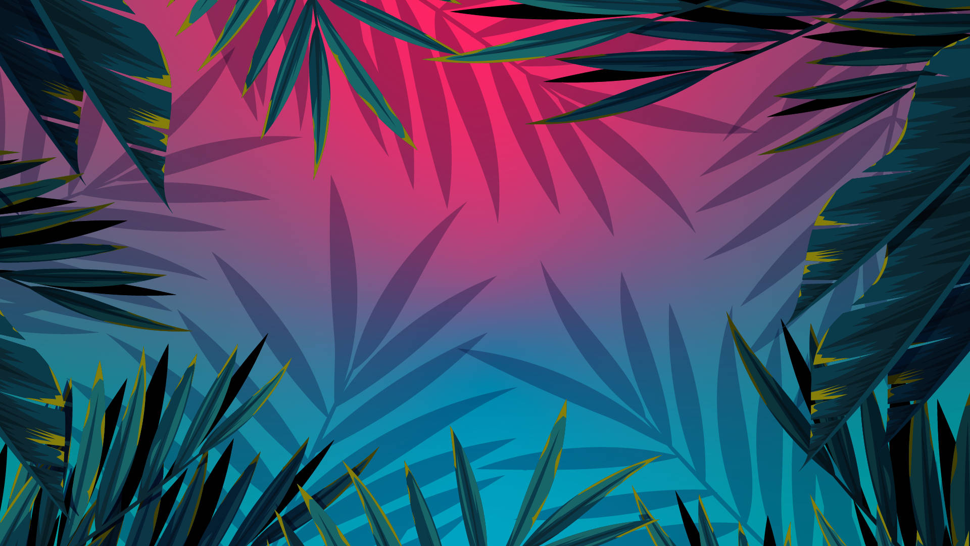 Illustration Art 桌布 壁紙 — 充滿活力的熱帶樹葉框住從洋紅色到藍綠色的漸變天空，形成風格化的數位藝術作品。