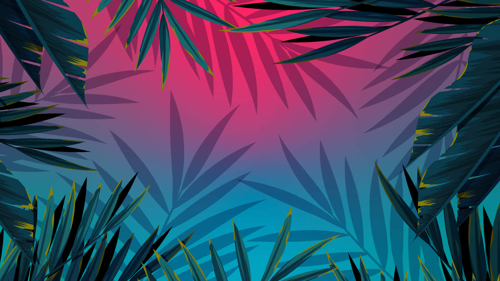 Aesthetic Palm Leaves 桌布 壁紙 — 充滿活力的熱帶樹葉框住從粉紅色到藍綠色的漸變天空，以風格化的數位插圖呈現。