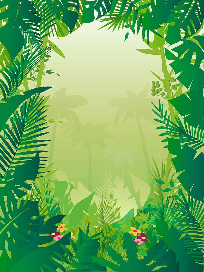 Cartoon Forest 桌布 壁紙 — 充滿活力的熱帶樹葉框住柔和的綠色背景，底部有微妙的棕櫚樹剪影和色彩繽紛的花朵。