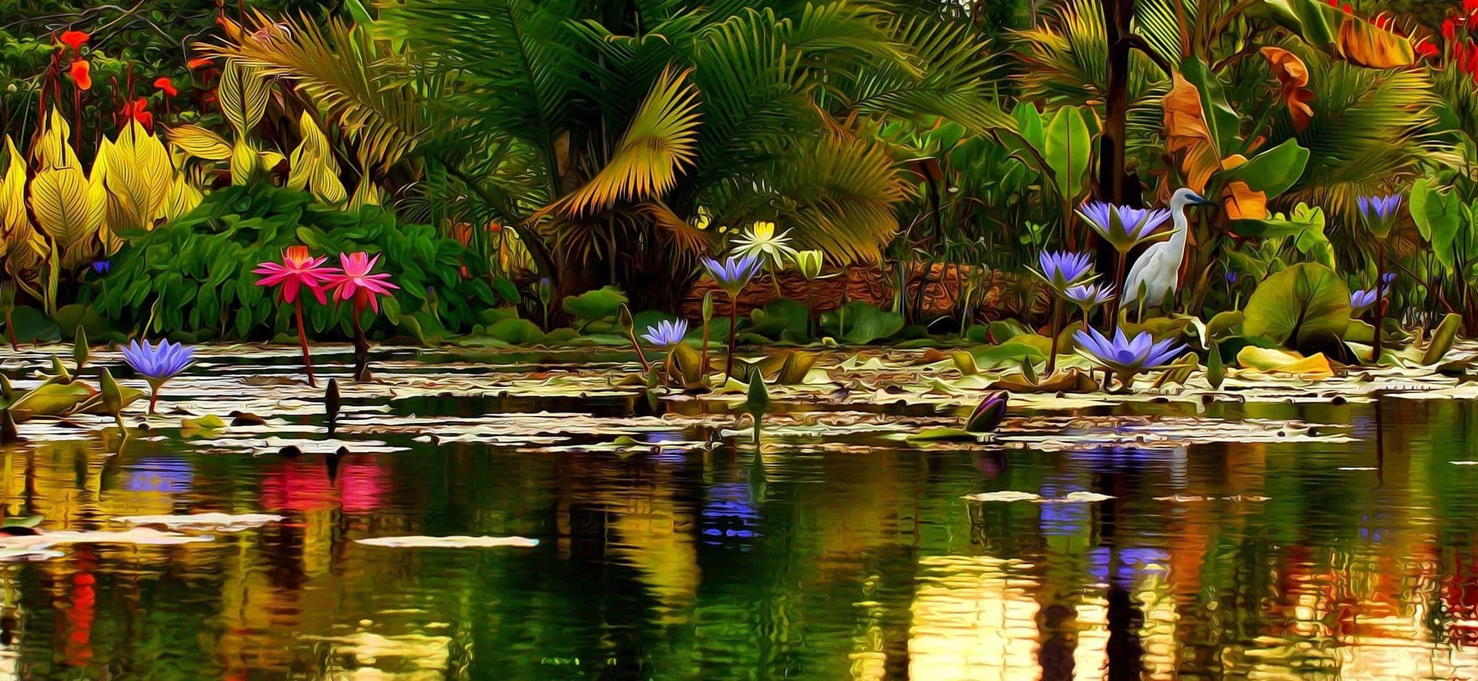 Pond 桌布 壁紙 — 充滿活力的熱帶池塘，有色彩繽紛的睡蓮和一隻蒼鷺站在茂密樹葉下的睡蓮葉之間。