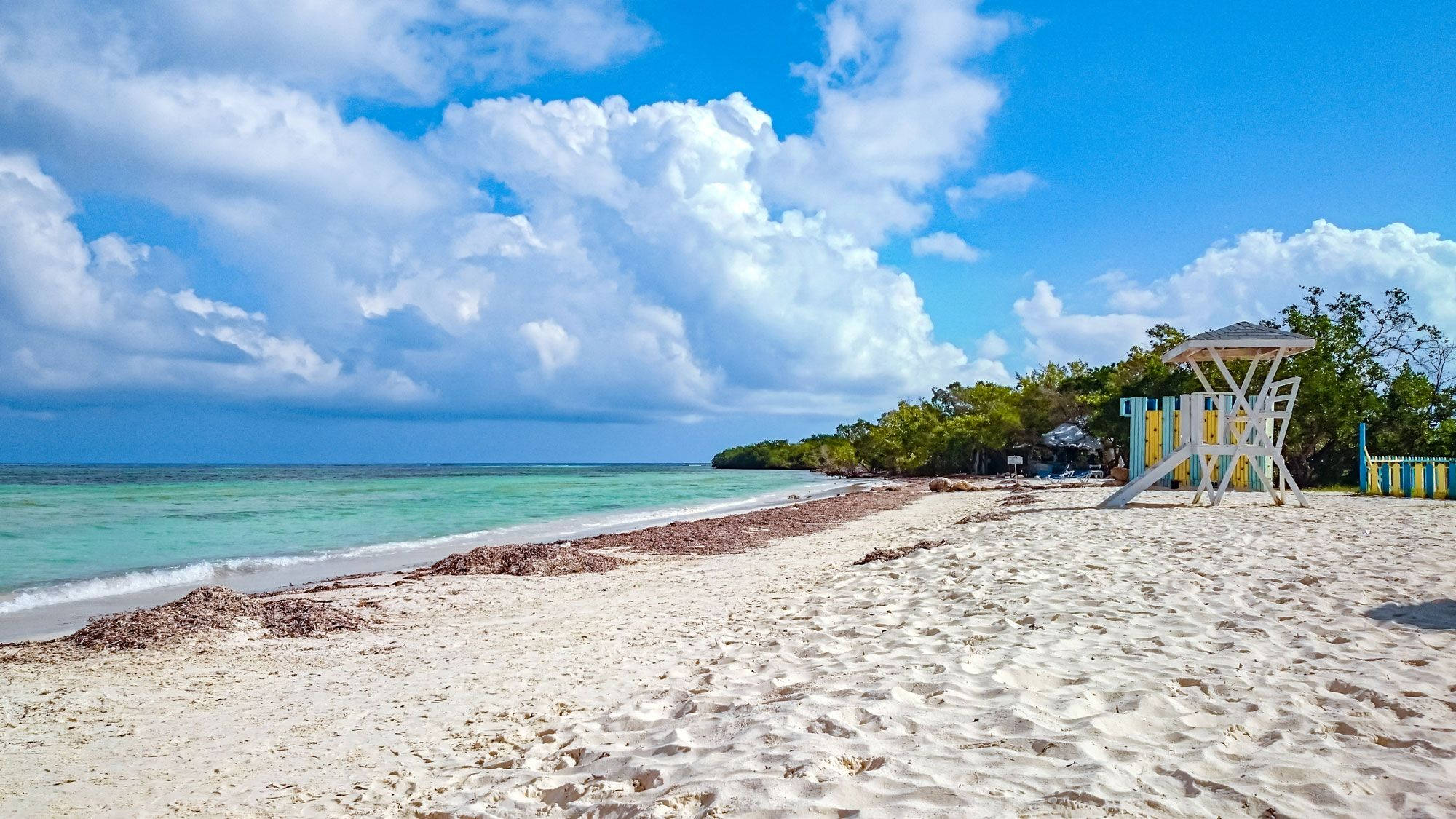 Jamaica Beach 桌布 壁紙 — 充滿活力的熱帶海灘，擁有碧綠的海水、白色的沙灘和色彩繽紛的救生塔，在明亮的藍天下有蓬鬆的雲朵。