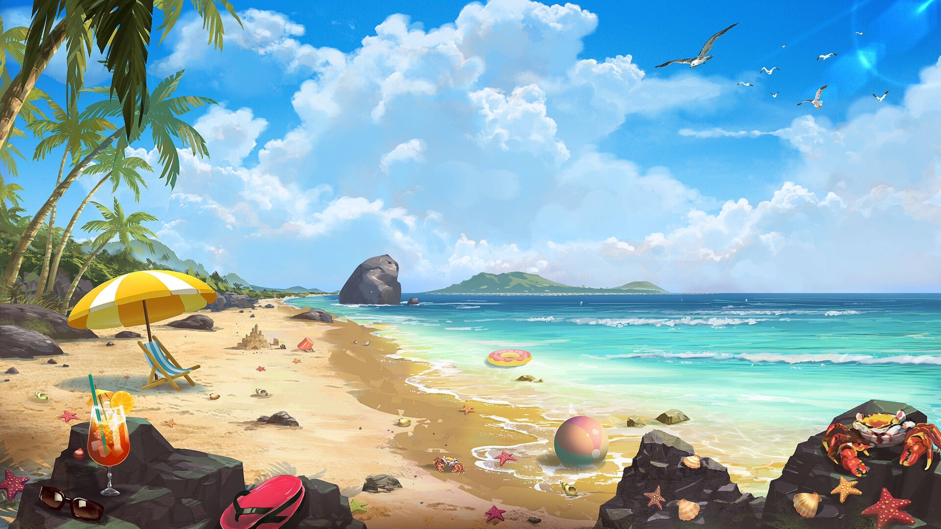 4K Summer 桌布 壁紙 — 充滿活力的熱帶海灘場景，有棕櫚樹、沙灘、碧綠的海水，以及海鷗在明亮的藍天下飛翔。