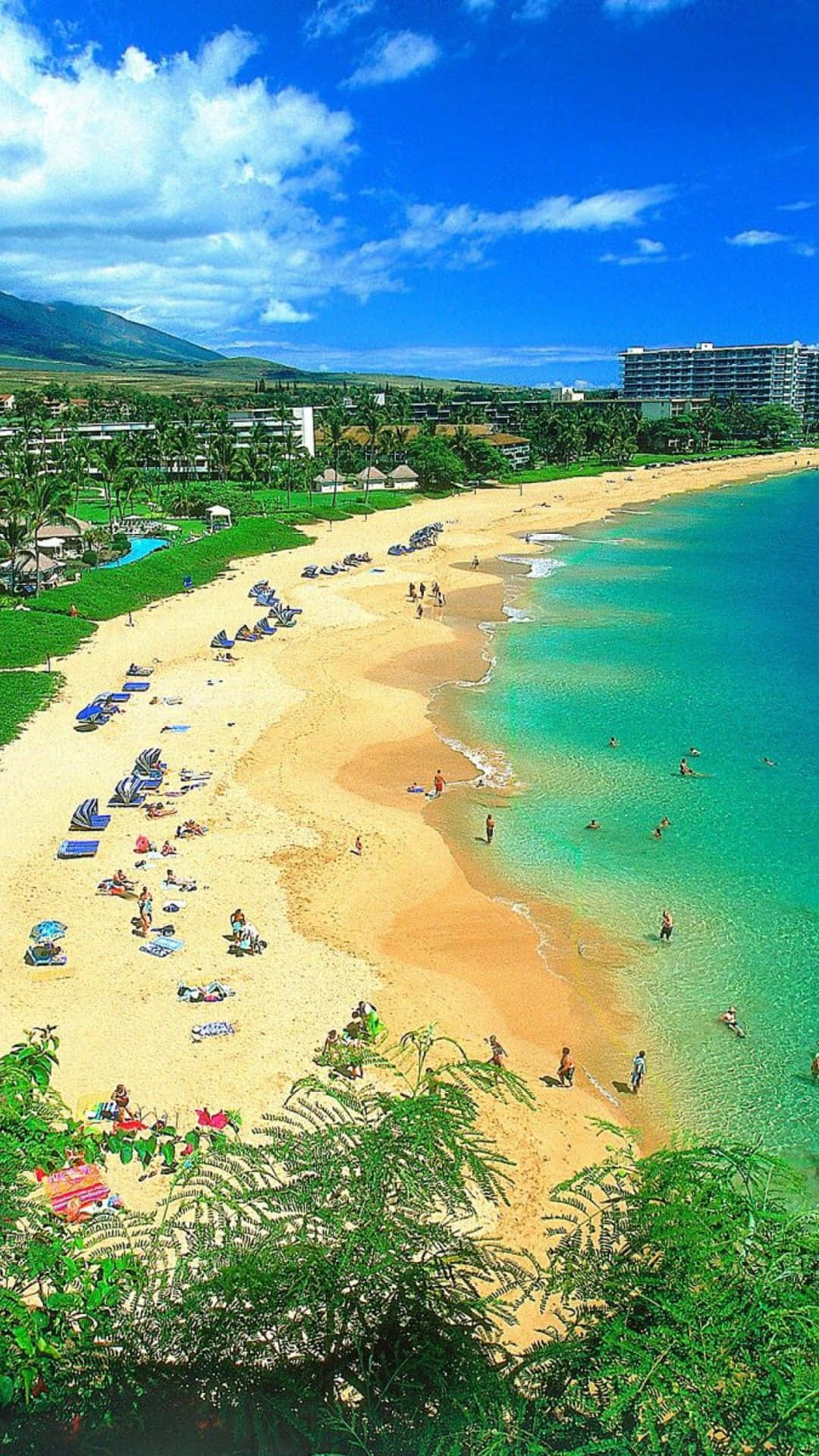 熱帶海灘，有藍綠色海水、金色沙灘和度假村建築，在明亮的藍天下。 — 夏威夷 壁紙