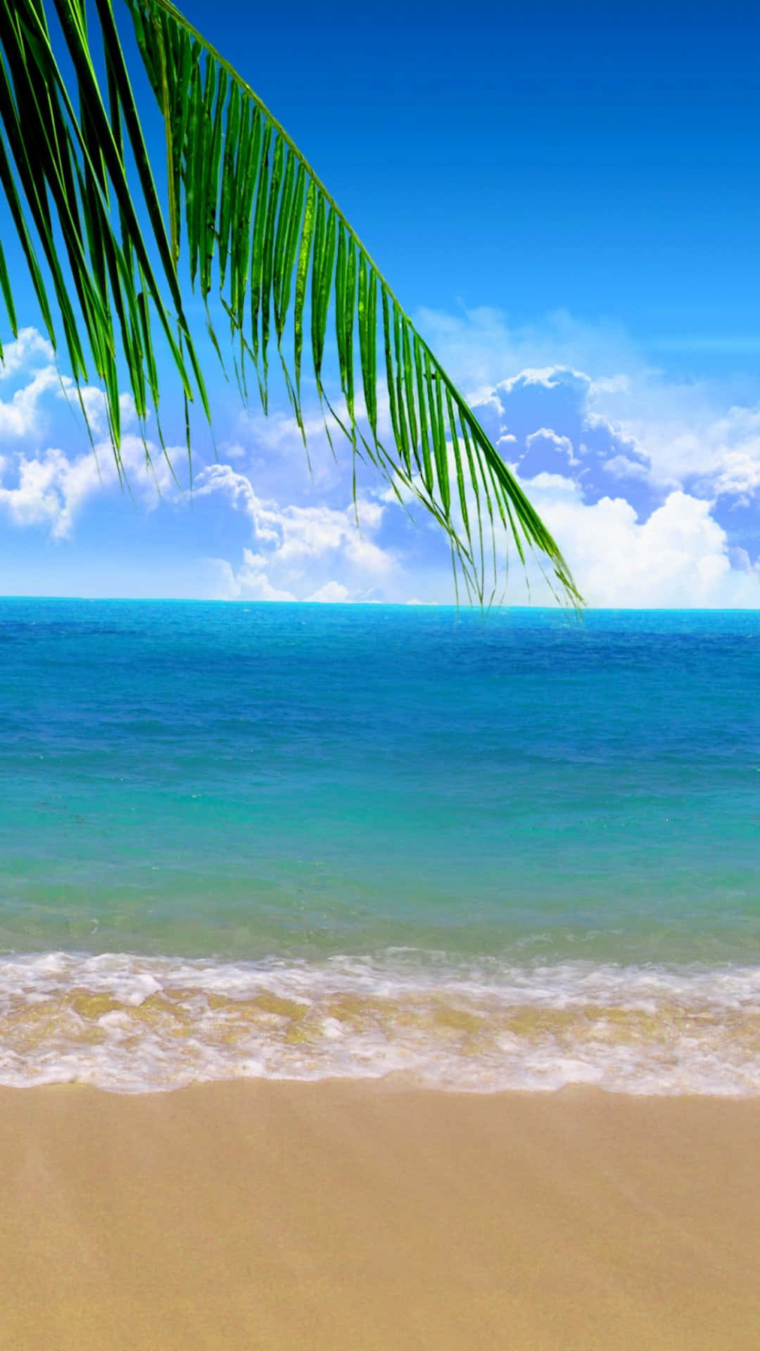 桌布 壁紙 — 充滿活力的熱帶海灘場景，碧綠的海浪拍打著金色沙灘，明亮的藍天下襯托著茂密的綠色棕櫚葉。
