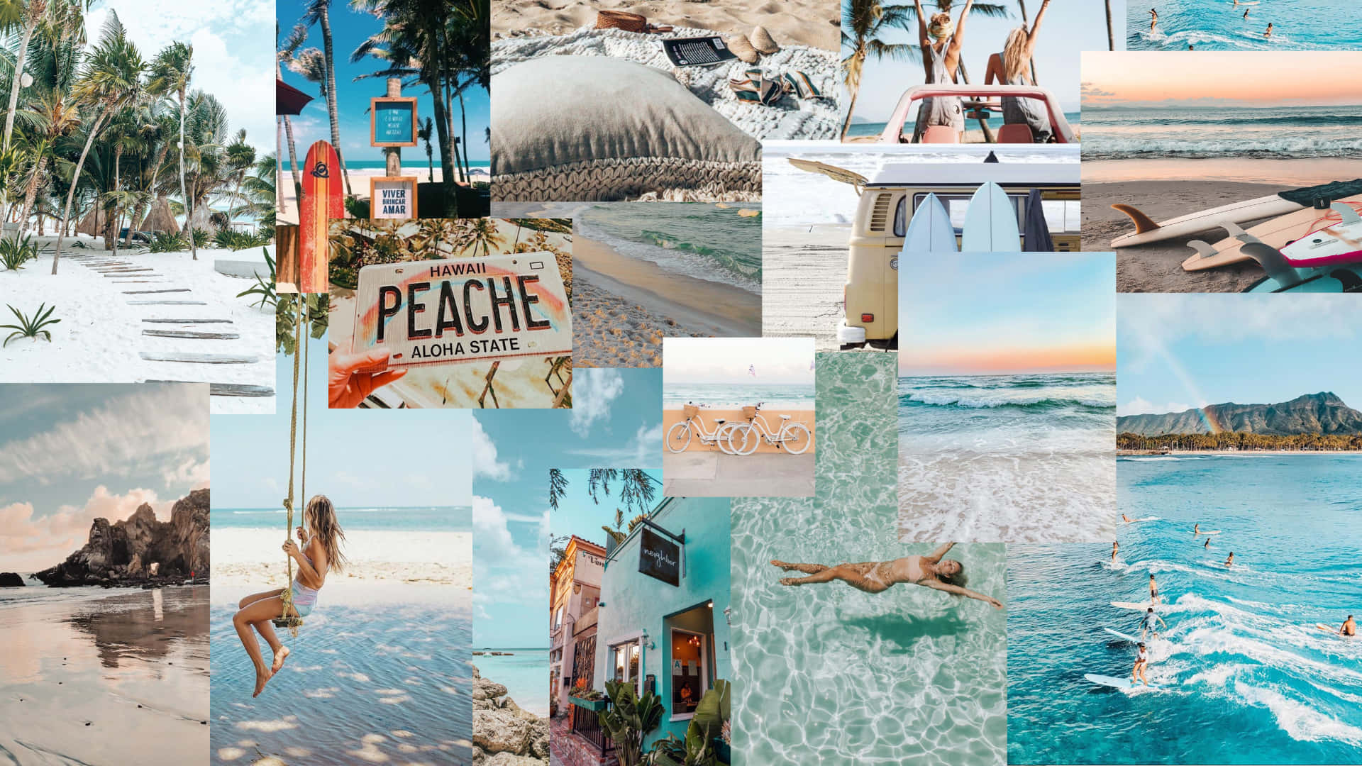 Aesthetic Hawaii 桌布 壁紙 — 充滿活力的熱帶海灘場景拼貼畫，包括衝浪板、棕櫚樹、復古廂型車以及享受日落和海浪的人們。