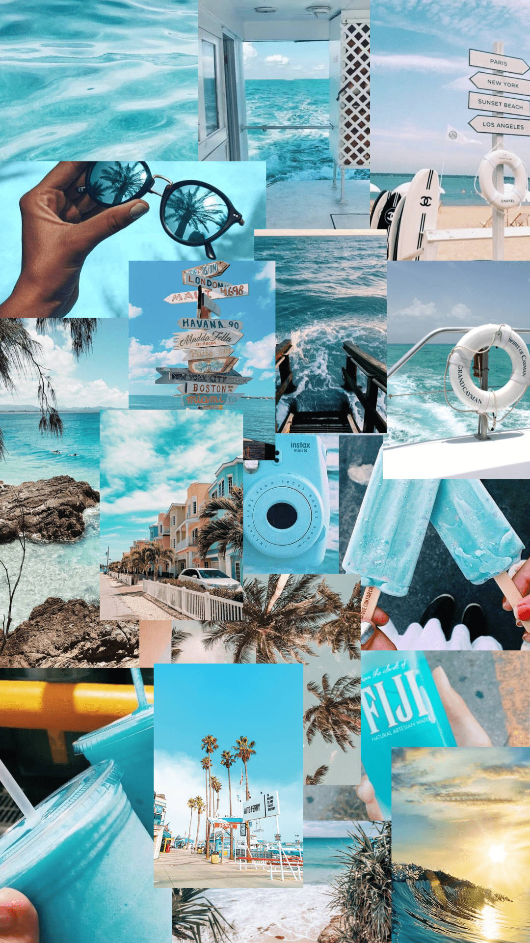 Summer Collage 桌布 壁紙 — 充滿活力的熱帶海灘場景拼貼畫，呈現碧綠海水、棕櫚樹和海岸標誌，在晴朗明媚的天空下。