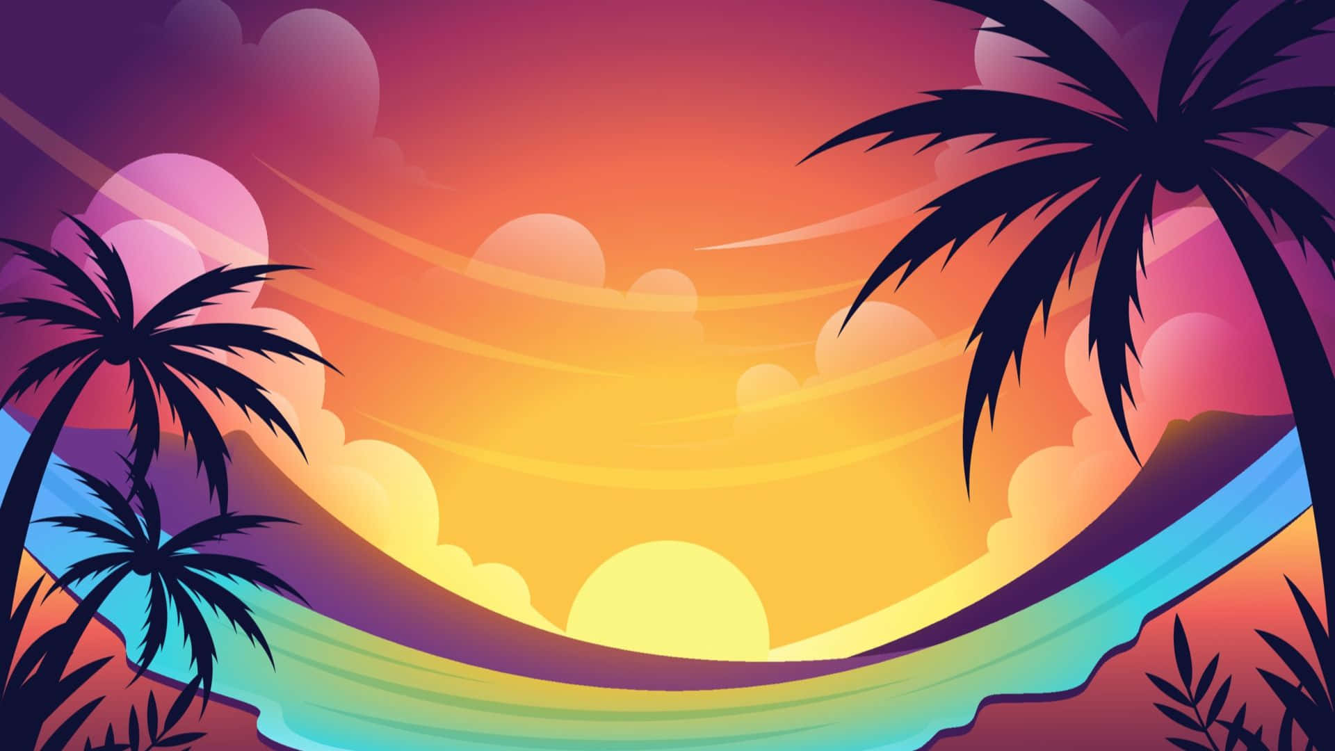Tropical 桌布 壁紙 — 充滿活力的熱帶海灘日落，棕櫚樹在彩虹色天空和海洋中形成剪影。