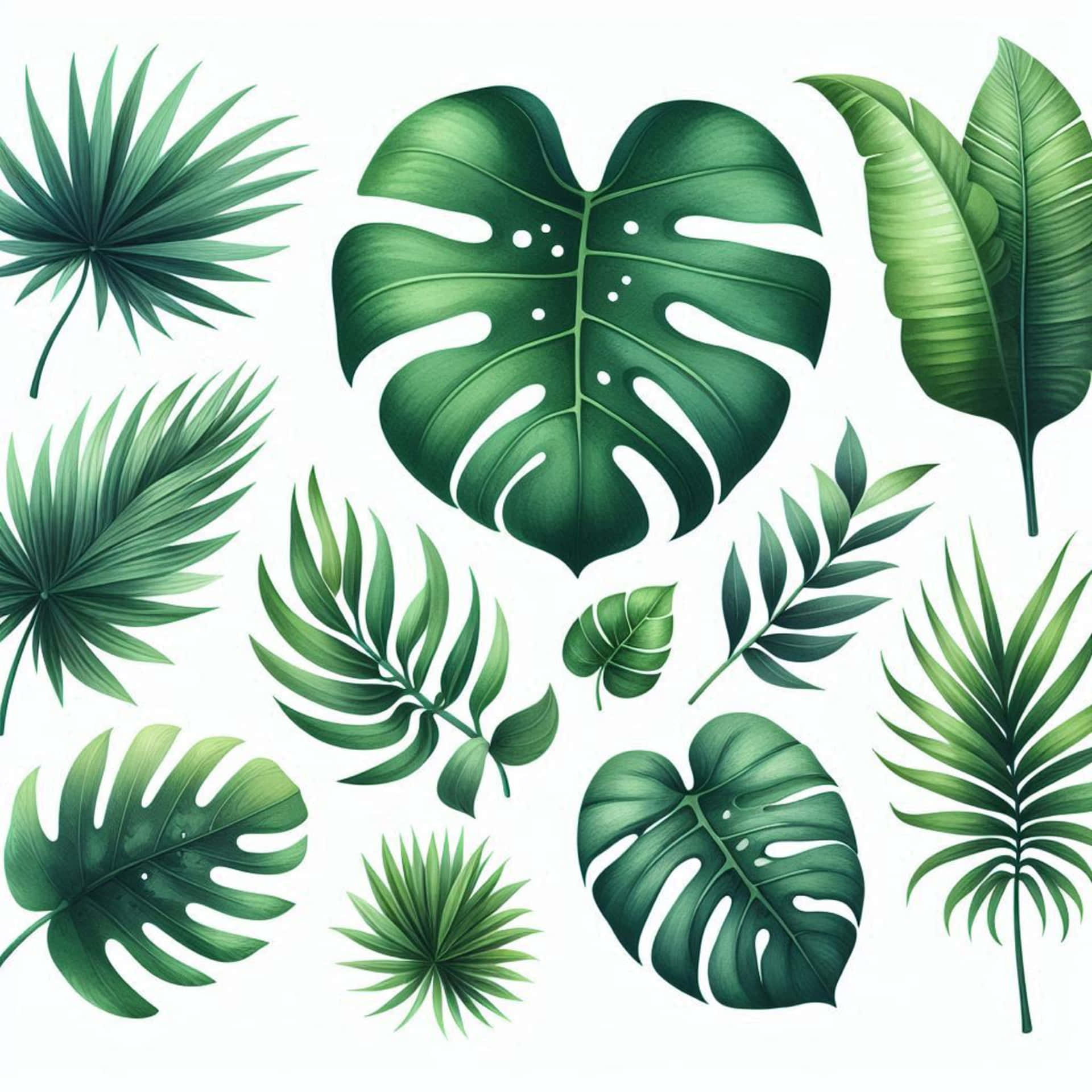 Tropical green leaves on white background 壁紙 — 充滿活力的熱帶綠色葉子系列，包括龜背竹和棕櫚葉，排列在乾淨的白色背景上。