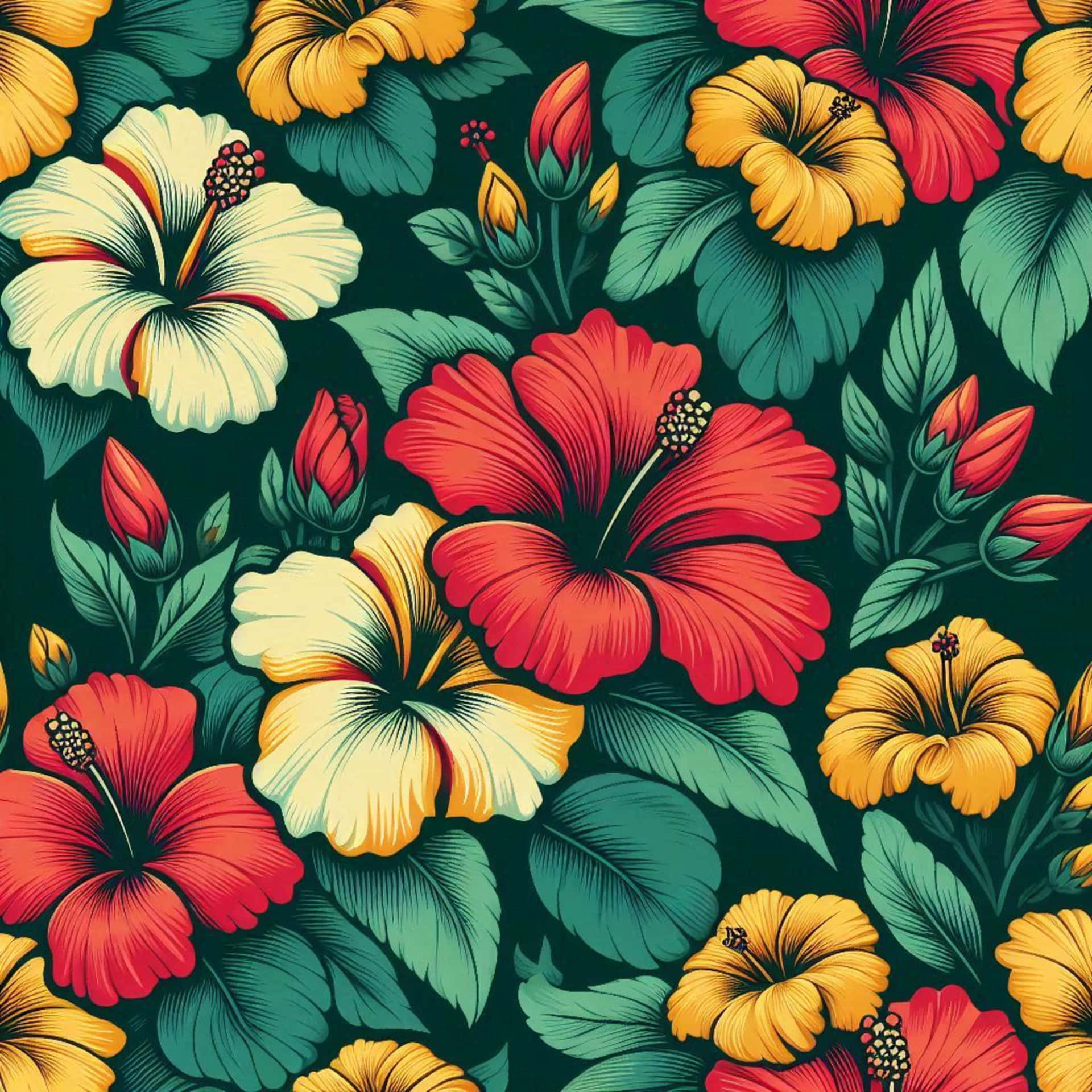 Red hibiscus, and yellow in solid green. 壁紙 — 充滿活力的熱帶芙蓉花，紅色、黃色和奶油色，在深青色的背景上，在茂密的綠葉中盛開。