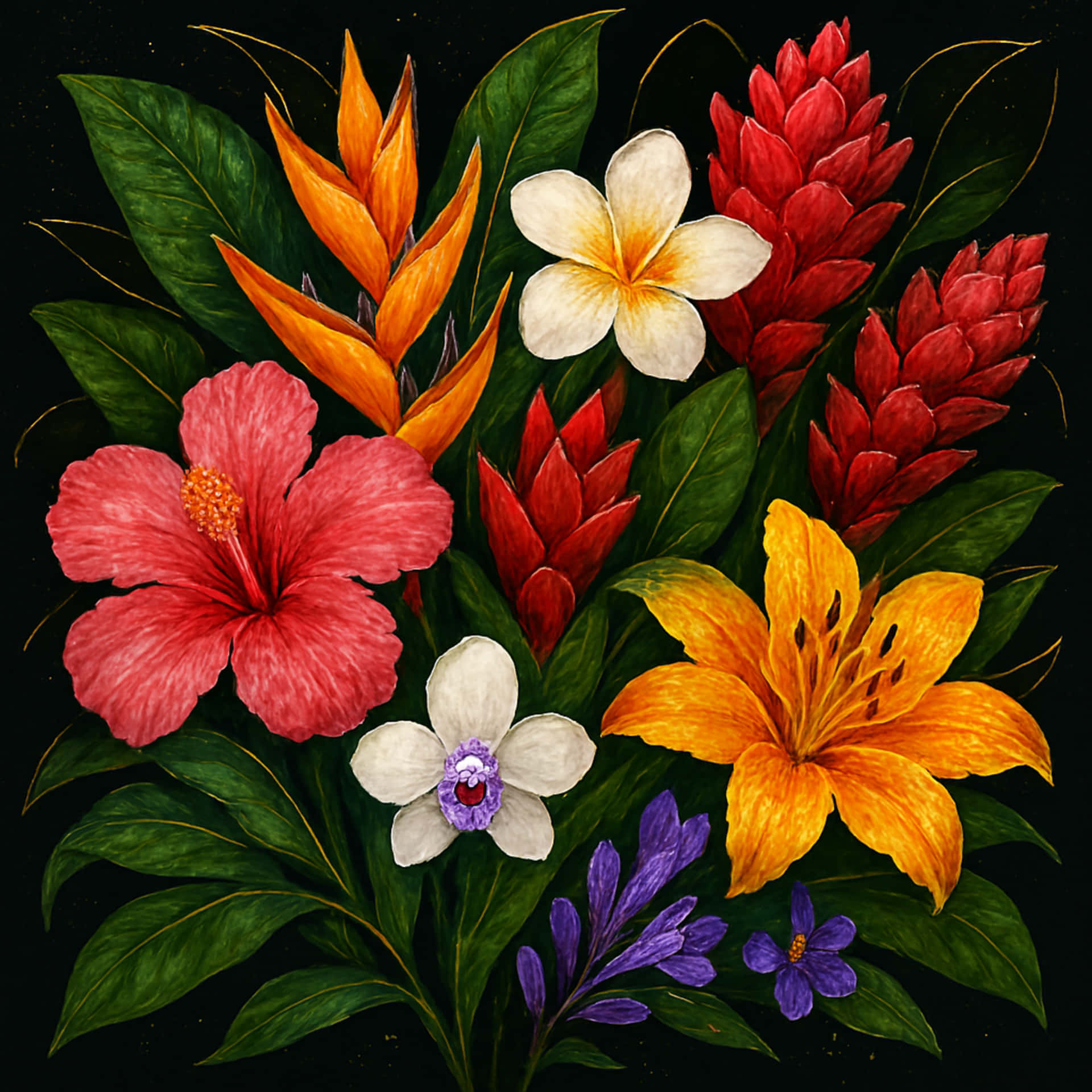 Flowers on black background 壁紙 — 充滿活力的熱帶花卉，包括芙蓉、蘭花、百合和天堂鳥，在純黑色背景上盛開。
