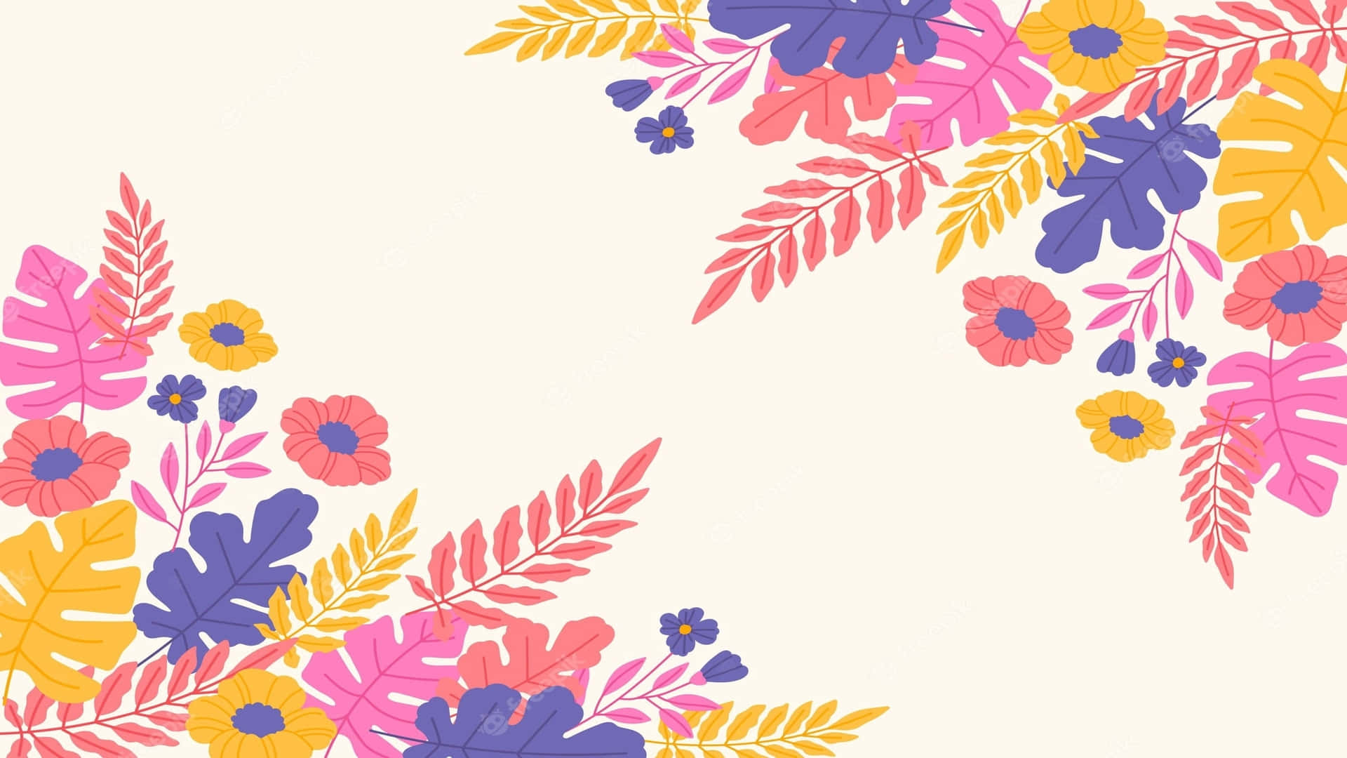 Summer Zoom 桌布 壁紙 — 充滿活力的熱帶花卉和葉子，以粉紅色、黃色和紫色在柔和的奶油色背景上形成一個生動的角落邊框。
