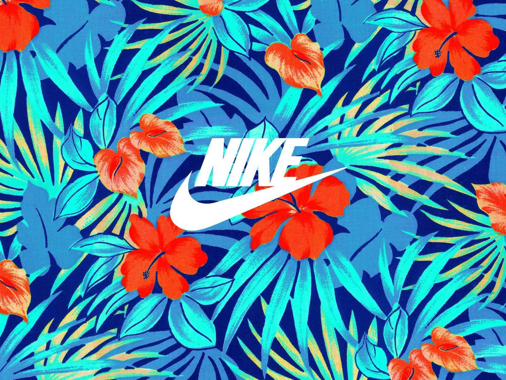 Nike 桌布 壁紙 — 充滿活力的熱帶花卉圖案，大膽的紅色木槿和藍綠色葉子環繞著中央的白色Nike swoosh標誌。