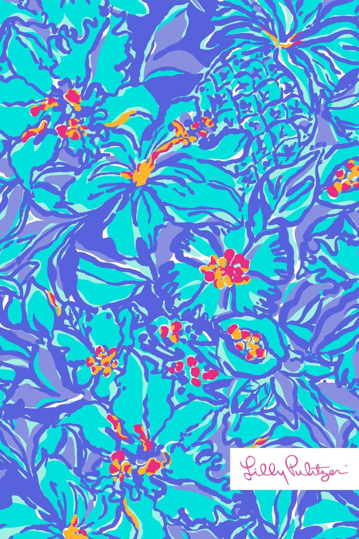 lilly 桌布 壁紙 — 充滿活力的熱帶花卉圖案，帶有鮮明的藍綠色葉子和橙紅色花朵，背景為紫色。