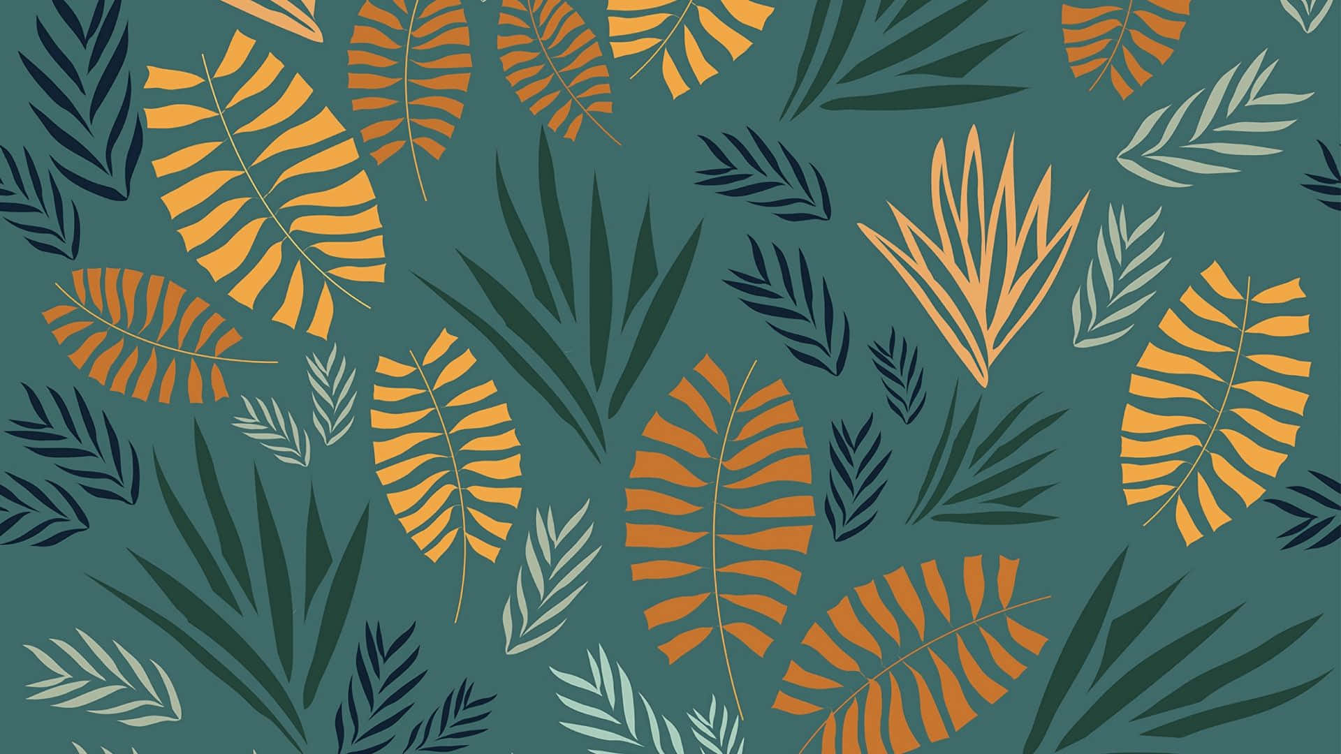 Beautiful Pattern 桌布 壁紙 — 充滿活力的熱帶葉子以橙色和藍綠色在深藍綠色背景上重複漂浮。
