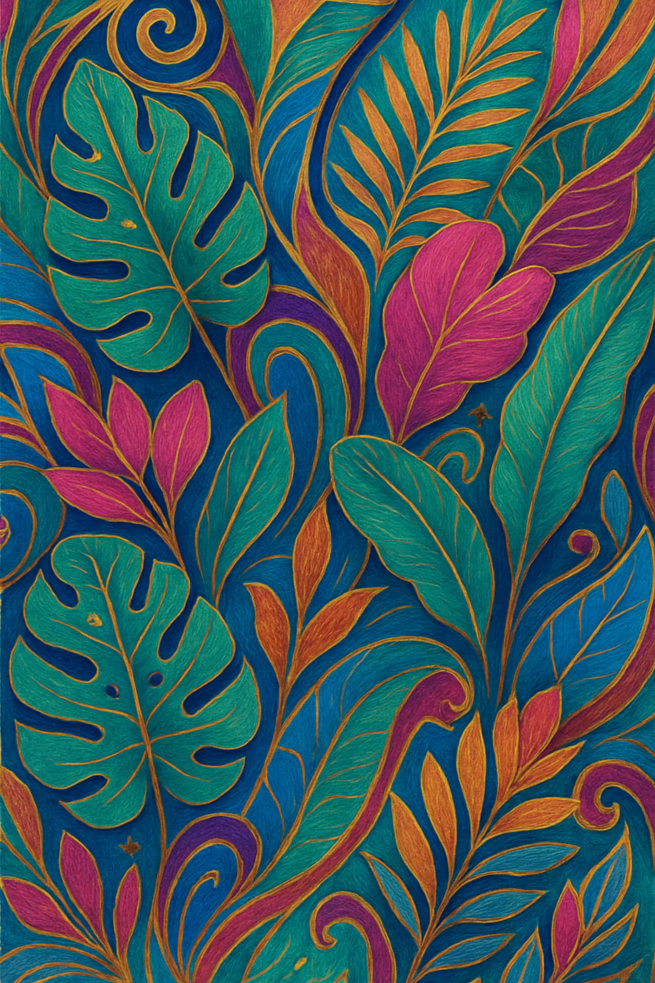 Seamless floral pattern. 壁紙 — 充滿活力的熱帶葉子在青色、洋紅色和金色中旋轉，襯托深藍色背景。