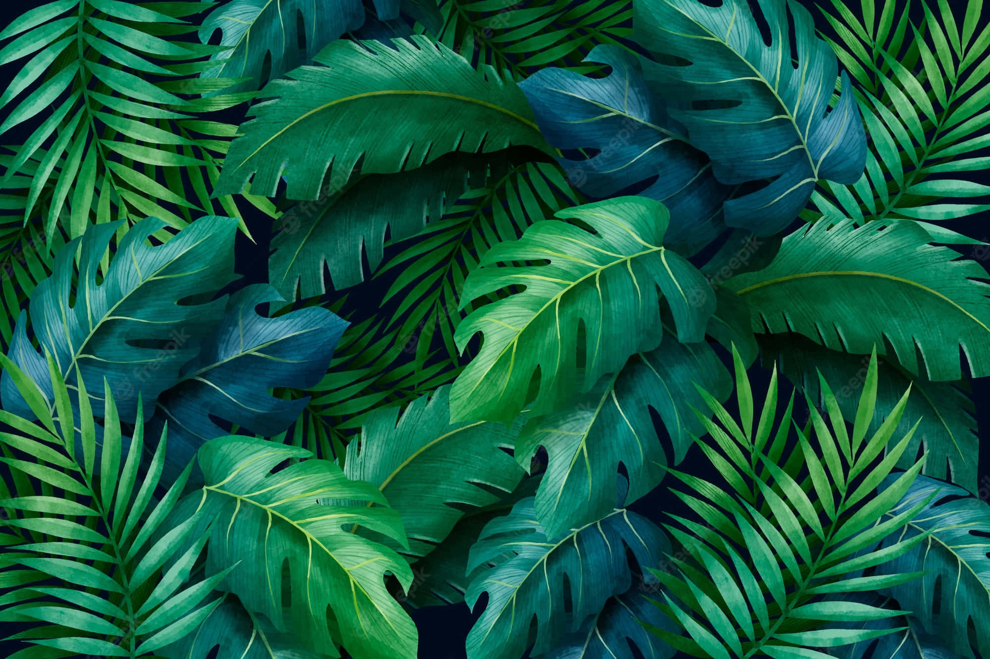 Aesthetic Palm Leaves 桌布 壁紙 — 充滿活力的熱帶葉片以豐富的綠色和藍綠色調在深色背景上重疊，營造出茂密的叢林圖案。