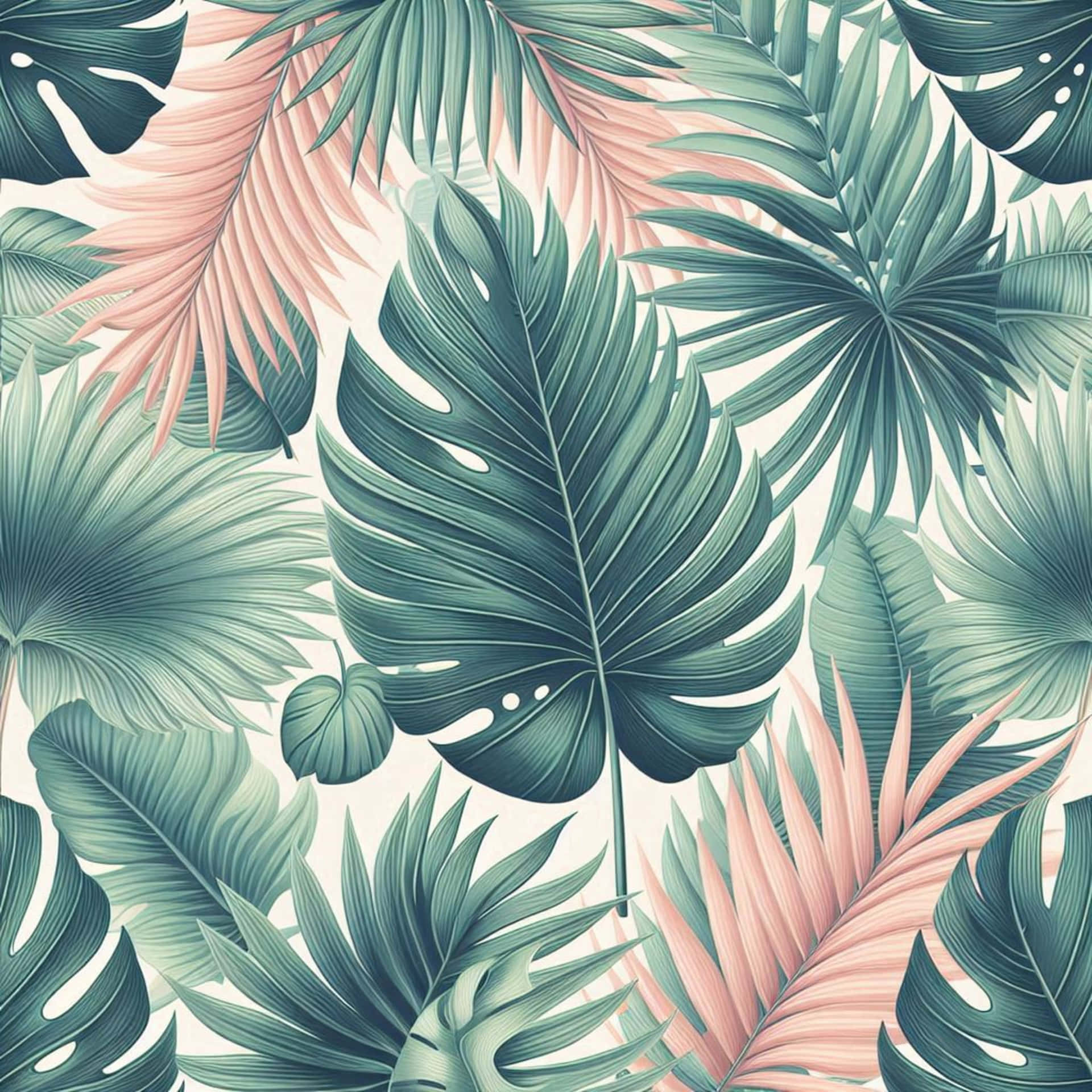 Tropical print with palm leaves 壁紙 — 充滿活力的熱帶葉片以青綠色和淡粉紅色在奶油色背景上重疊，營造出茂密的無縫圖案。