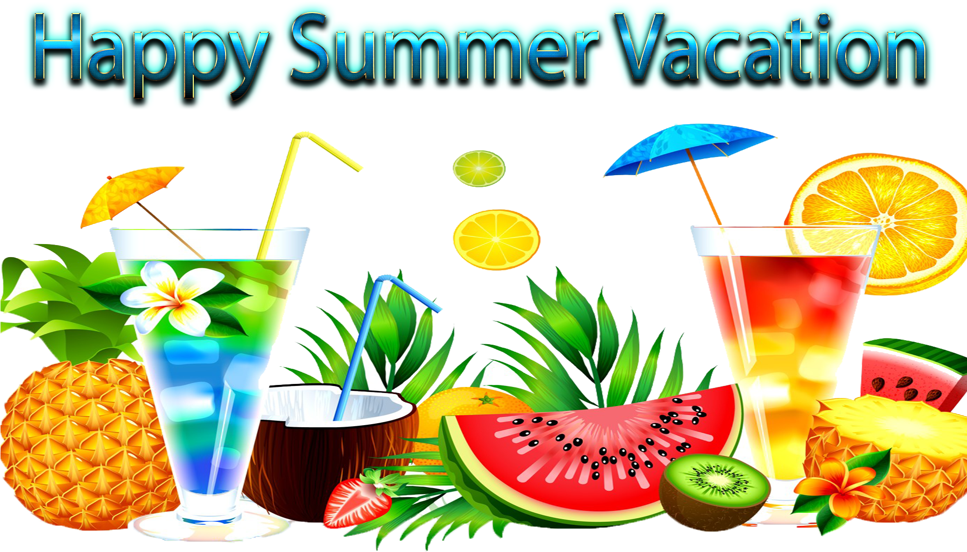 Vacation 桌布 壁紙 — 充滿活力的熱帶飲料和水果，如西瓜、鳳梨和奇異果，圍繞著黑色背景上的「Happy Summer Vacation」文字。