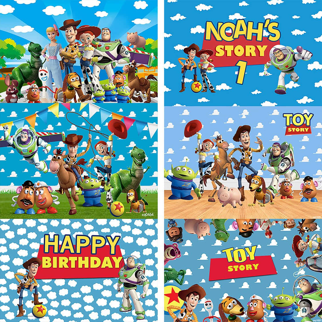 Toy Story Cloud 桌布 壁紙 — 充滿活力的玩具總動員角色在藍天白雲和節日橫幅的背景上慶祝。