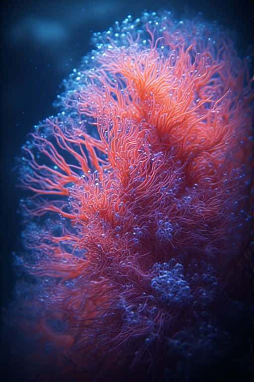 Neon Coral Polyps Close-Up – 8K Macro Underwater 壁紙 — 充滿活力的珊瑚，帶有發光的橙色觸手和藍色氣泡，漂浮在深海黑暗中。