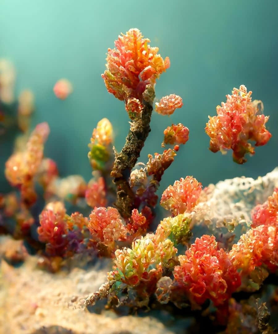 1080p 桌布 壁紙 — 充滿活力的珊瑚狀海洋植物，帶有橙色、粉紅色和綠色色調，在柔和的藍色水下生長在紋理岩石上。