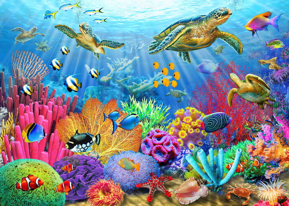 在水面下，一個充滿活力的珊瑚礁綻放色彩，海龜和魚類悠然滑過。 — 水下動畫 壁紙