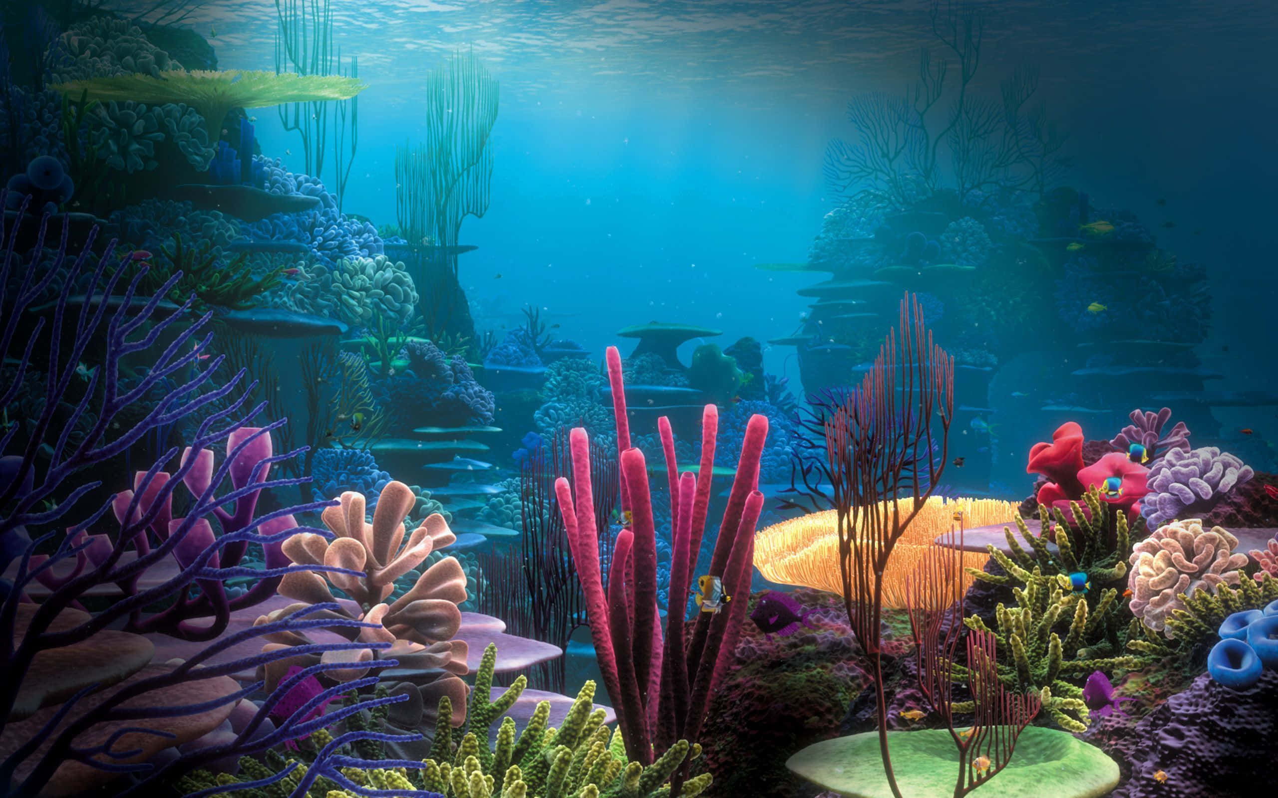 Aquatic 桌布 壁紙 — 充滿活力的珊瑚礁，在陽光照射的海水中充滿色彩繽紛的海扇和發光的魚類。